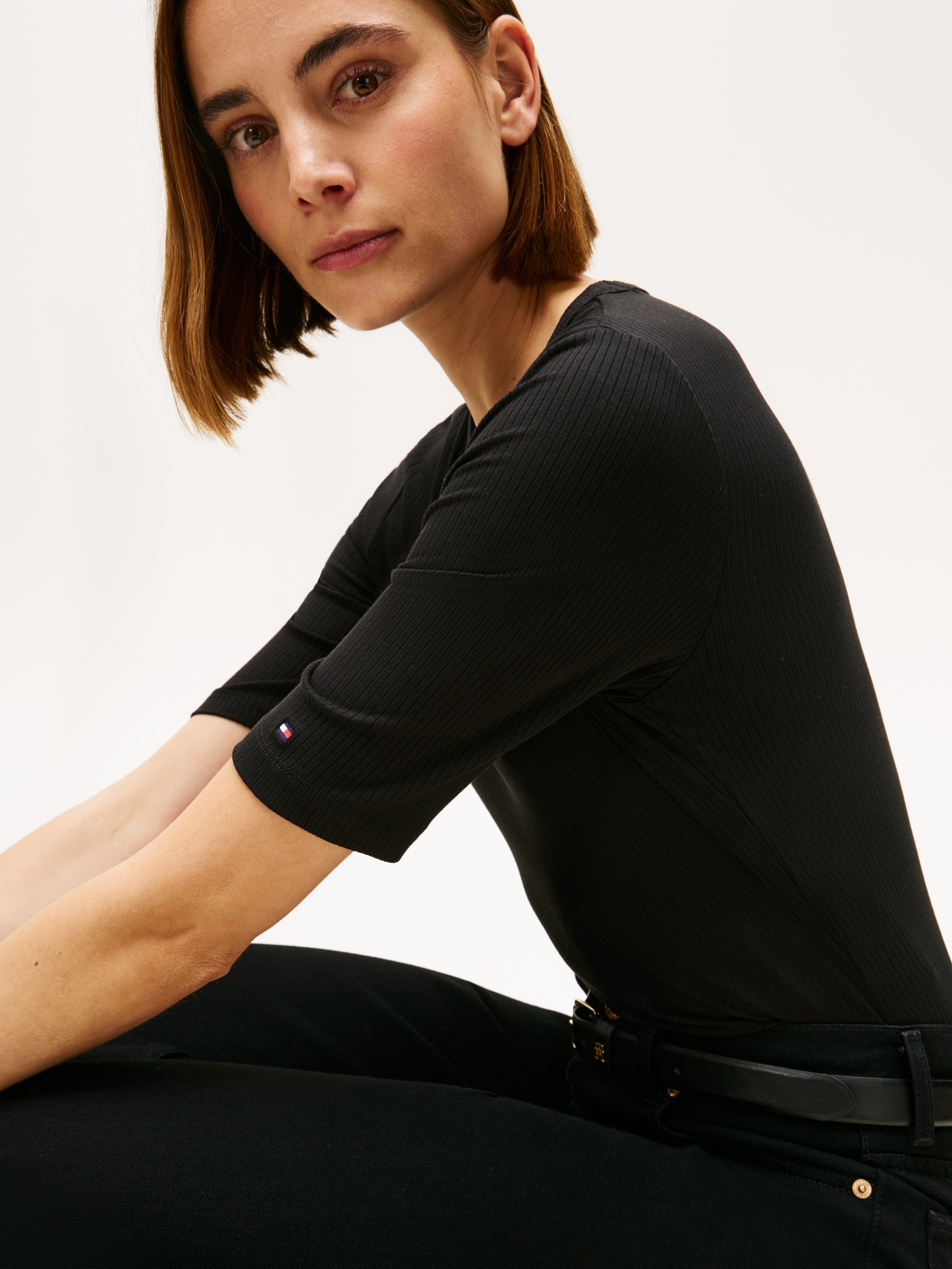 Tommy Hilfiger Kurzarmshirt »SLIM 5X2 RIB C-NK 1/2 SLV mit Rundhals und Rippstruktur« unifarben, casual, slim fit, Viskosemix, Rundhals