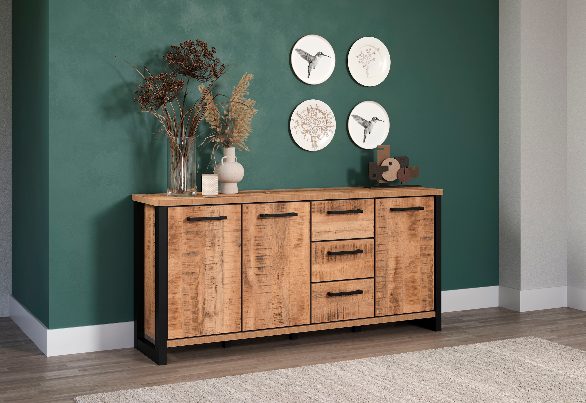 Home affaire Sideboard »Elda« 1 cuis tlg. Sideboard mit 3 Türen & 3 Vollauszug Schubladen – (B/T/H) 180/45/86 cm