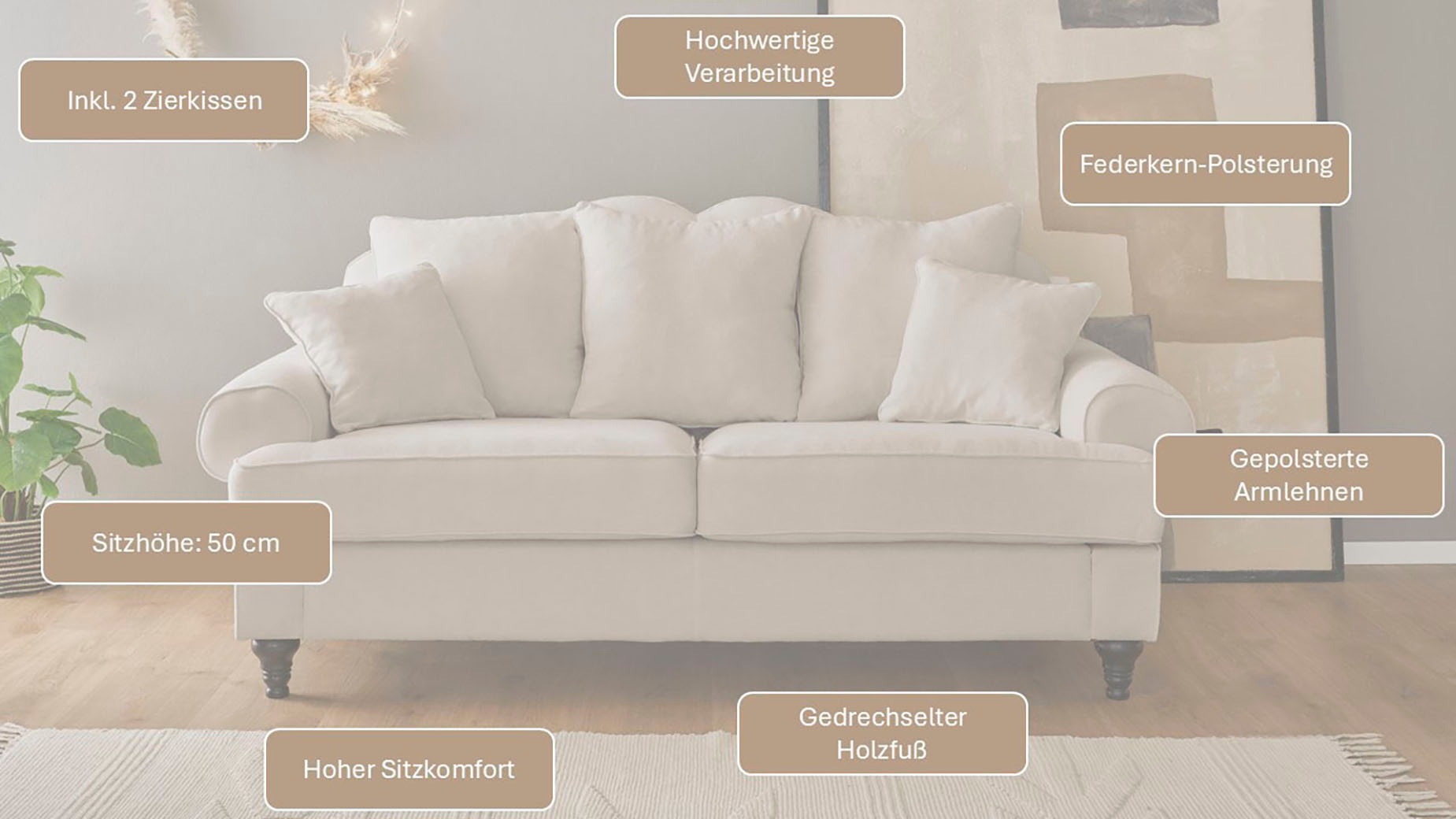 GOODproduct 3-Sitzer »Westminster, Sofa im Landhausstil, Couch mit Zierkissen« Federkern-Polsterung, gedrechselter Fuss, hochwertiger Microfaserbezug