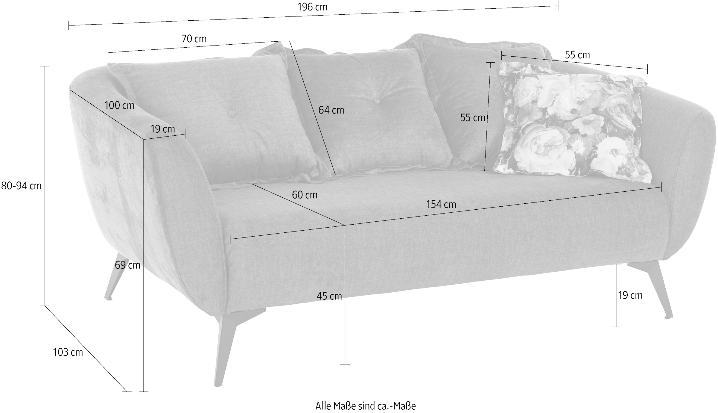 Home affaire 2,5-Sitzer »Baggio, Breite 196 cm, modern romantisches Design« Zierkissen inklusive, Komfortsitzhöhe 45 cm, schwarze Metallfüsse