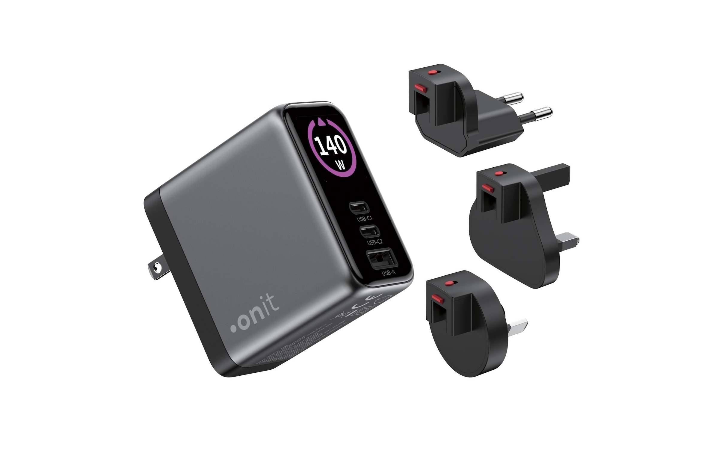 onit USB-Ladegerät »Travel 2C1A 140 W GaN« Reiseladegerät mit Wechseladaptern für den weltweiten Einsatz