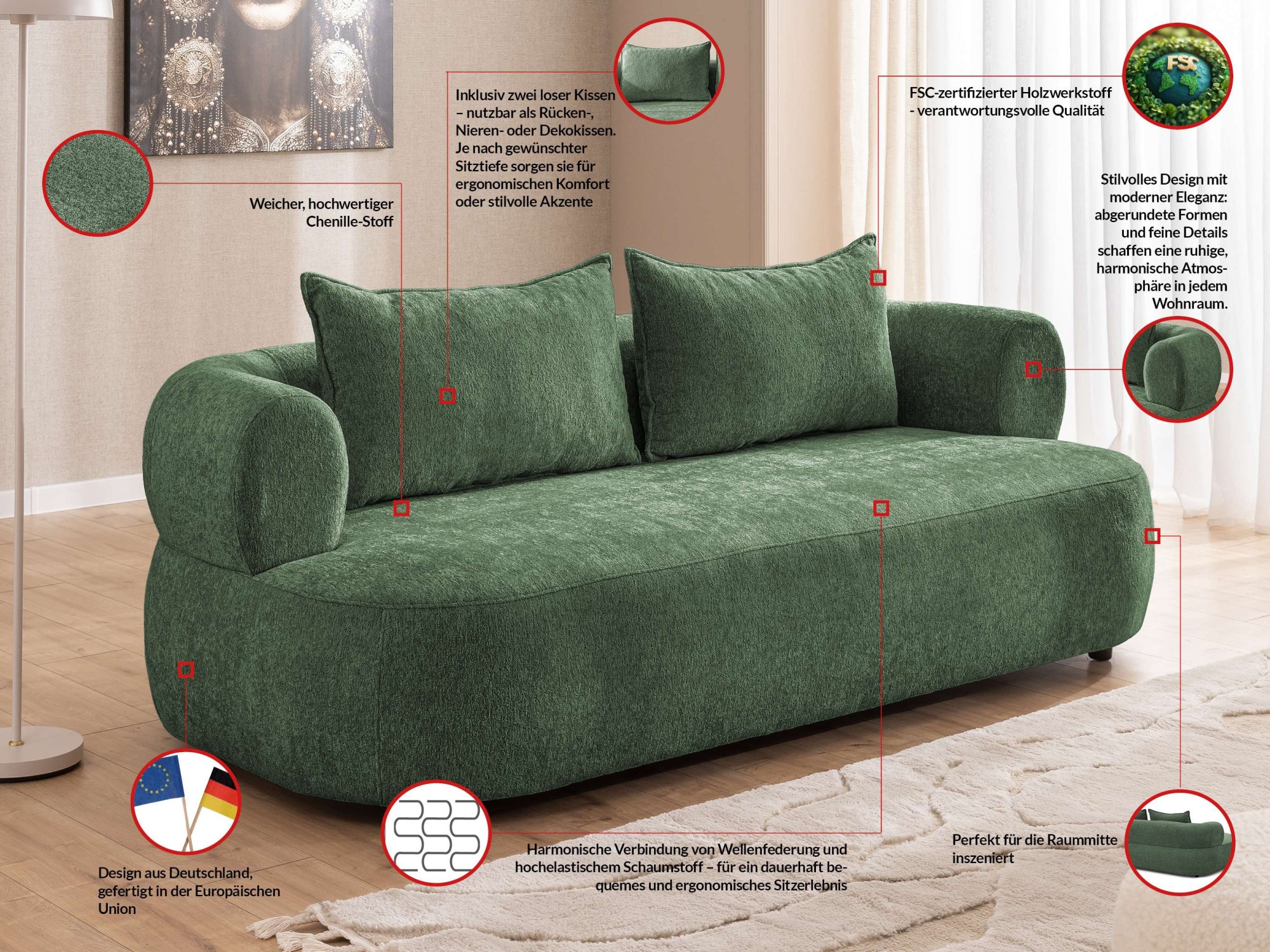 Home affaire 3-places »LUSSAC 3-Sitzer Design-Sofa mit Zierkissen, Masse B/T/H: 202/123/78 cm« hoher Sitzkomfort und modernes Design, Sofa ohne Bettfunktion