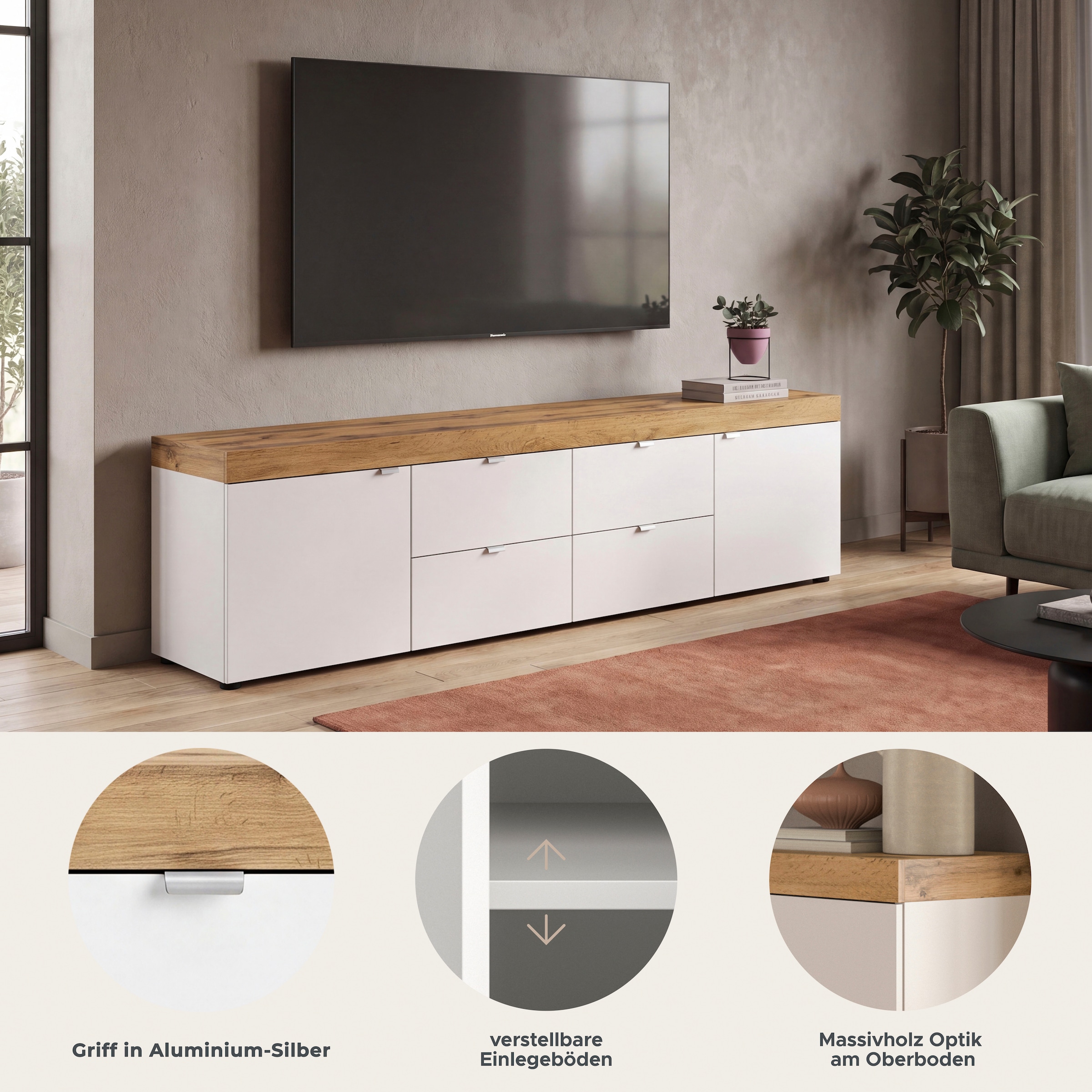 GOODproduct Lowboard »MAMBO II, Breite 200 cm, 2 Türen, 4 Schubkästen, 4 Fächer« 1 Stk. tlg. Lowboard, TV Unterschrank, TV-Schrank, Wohnzimmer