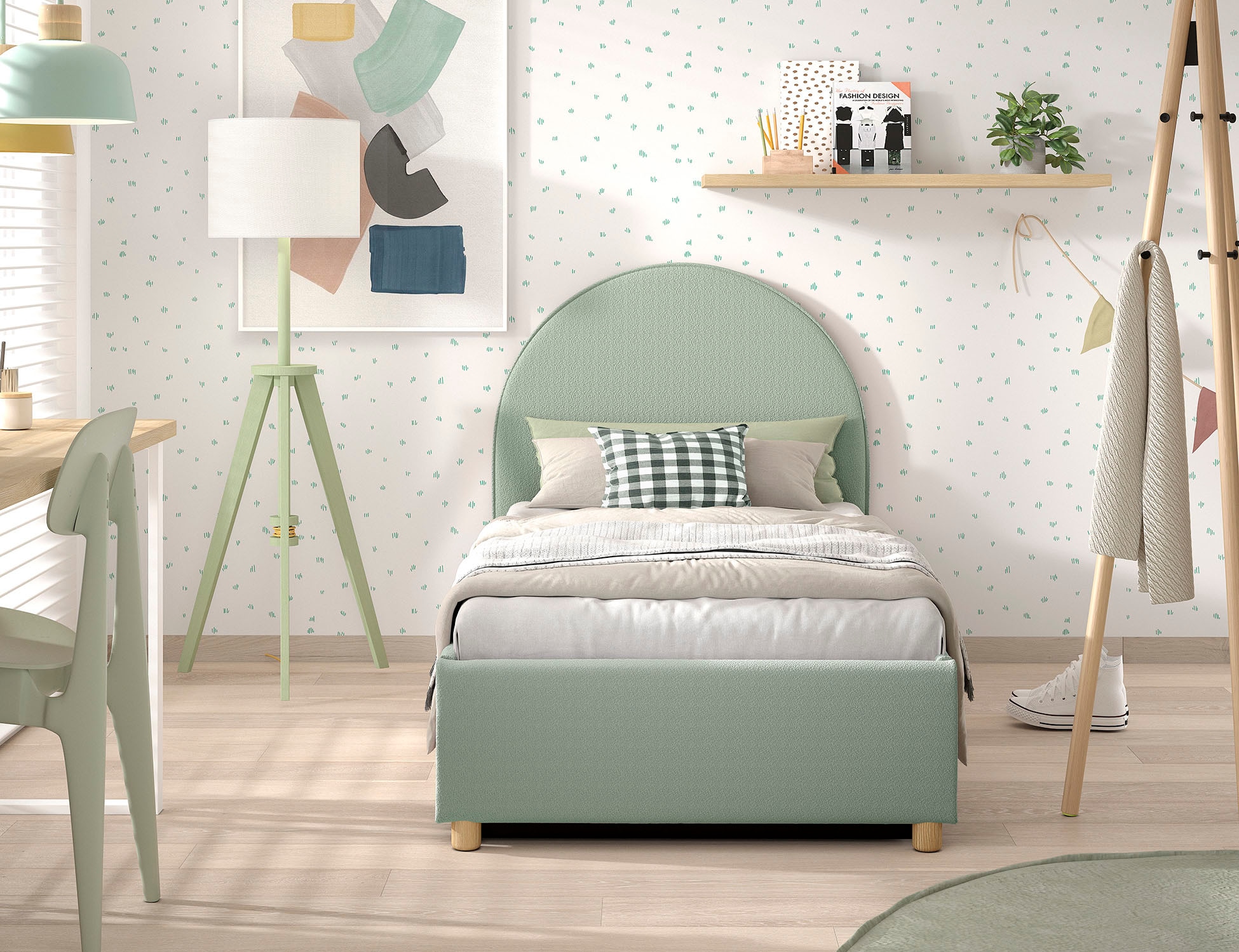 Vipack Lit de boxe »Moon, mit Lattenrost und Stauraum, modernes Design« Tête de lit arrondie, disponible en 2 largeurs,  incl. pieds en bois massif naturel, 3 couleurs de tissu au choix