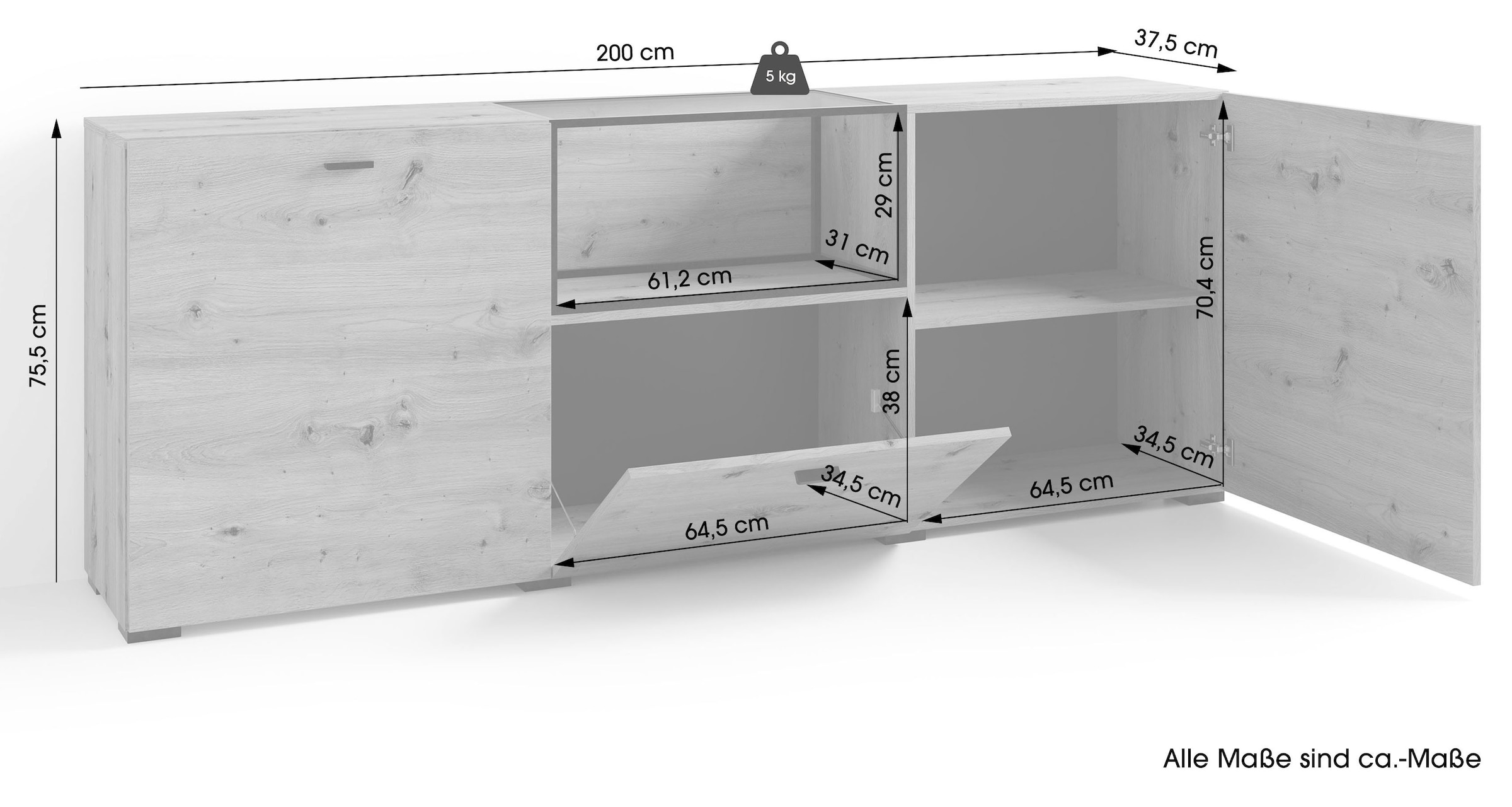 byLIVING Sideboard »Frame« 1 Stk. tlg. moderne Kommode mit Metalleinsatz und Glasplatte, 200cm breit.
