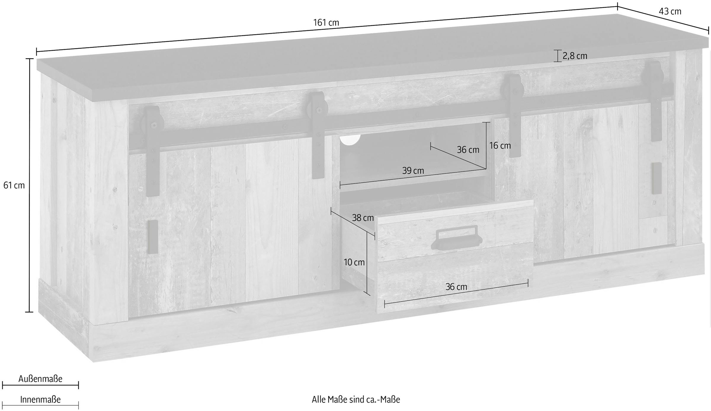 Home affaire Lowboard »SHERWOOD« Holz Dekor, mit Scheunentorbeschlag und Apothekergriff, Breite 162 cm