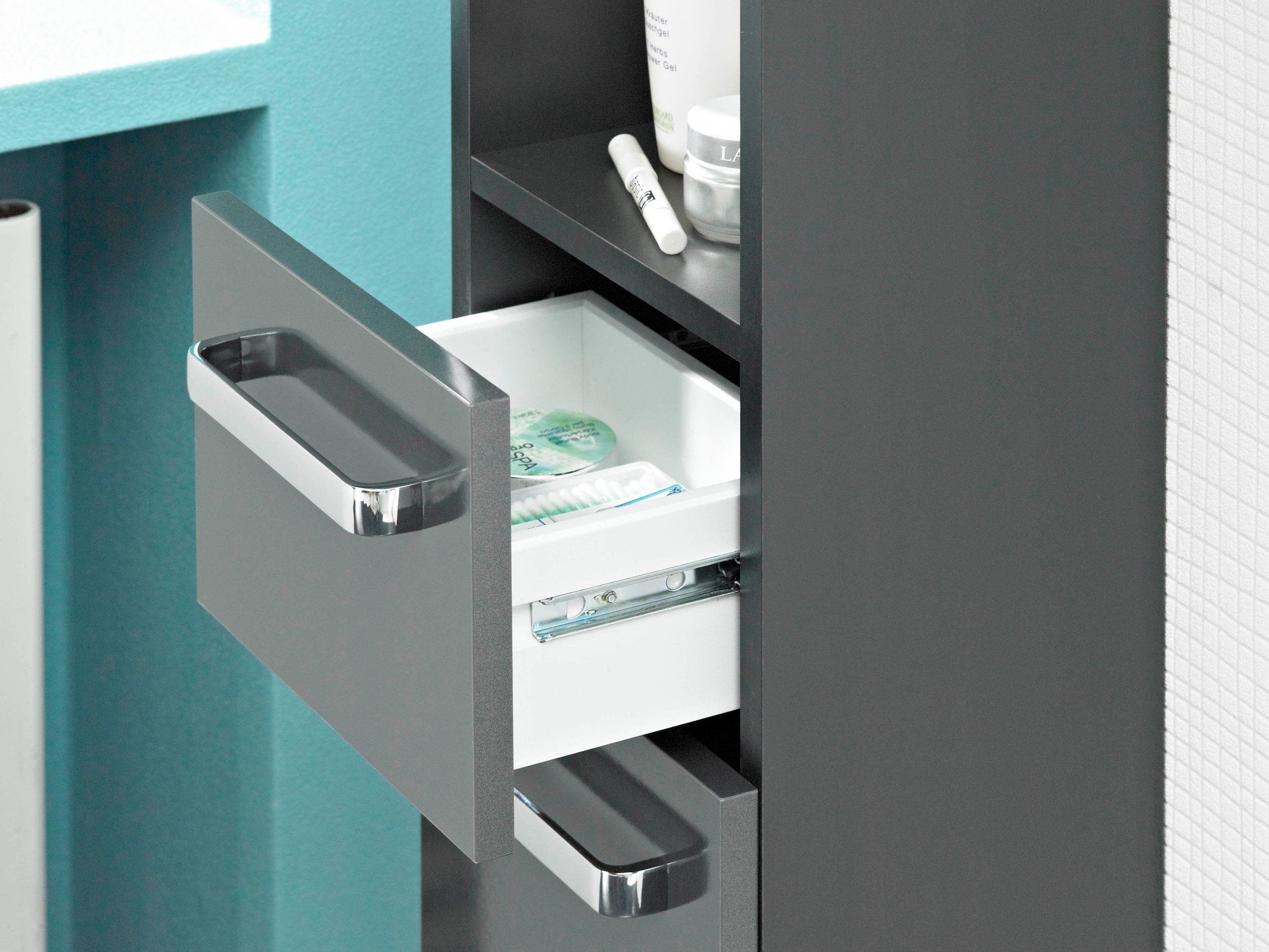 Saphir Armoire haute »Quickset Badschrank 30 cm breit, 2 Türen, 1 Nische, 1 Schublade« armoire haute de salle de bain avec amortisseur de porte, poignées chrome brillant