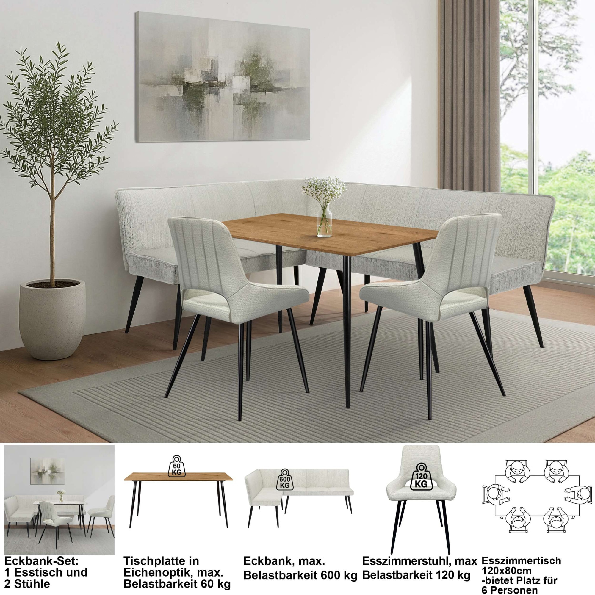 GOODproduct Ensemble de bancs d'angle »Danny/Ianna/Derrek« Ensemble, Groupe banquette d’angle avec table, banquette, chaises, 4 tlg. groupe de sièges, banquette d'angle et chaises confortablement rembourrés, table 120x80 cm