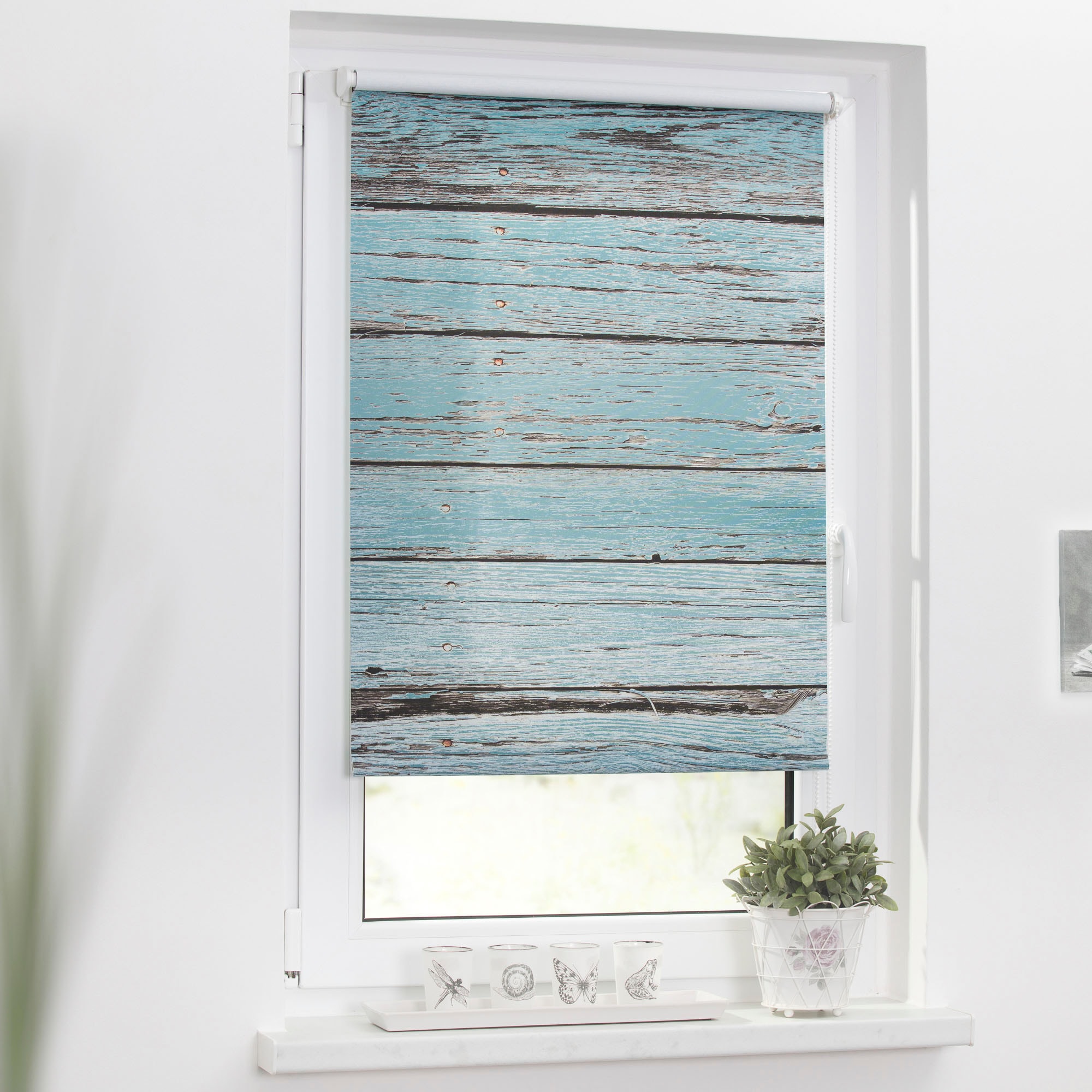 LICHTBLICK ORIGINAL Store à tirage latéral »Klemmfix Motiv Bretter Vintage« Lichtschutz ohne Bohren freihängend bedruckt