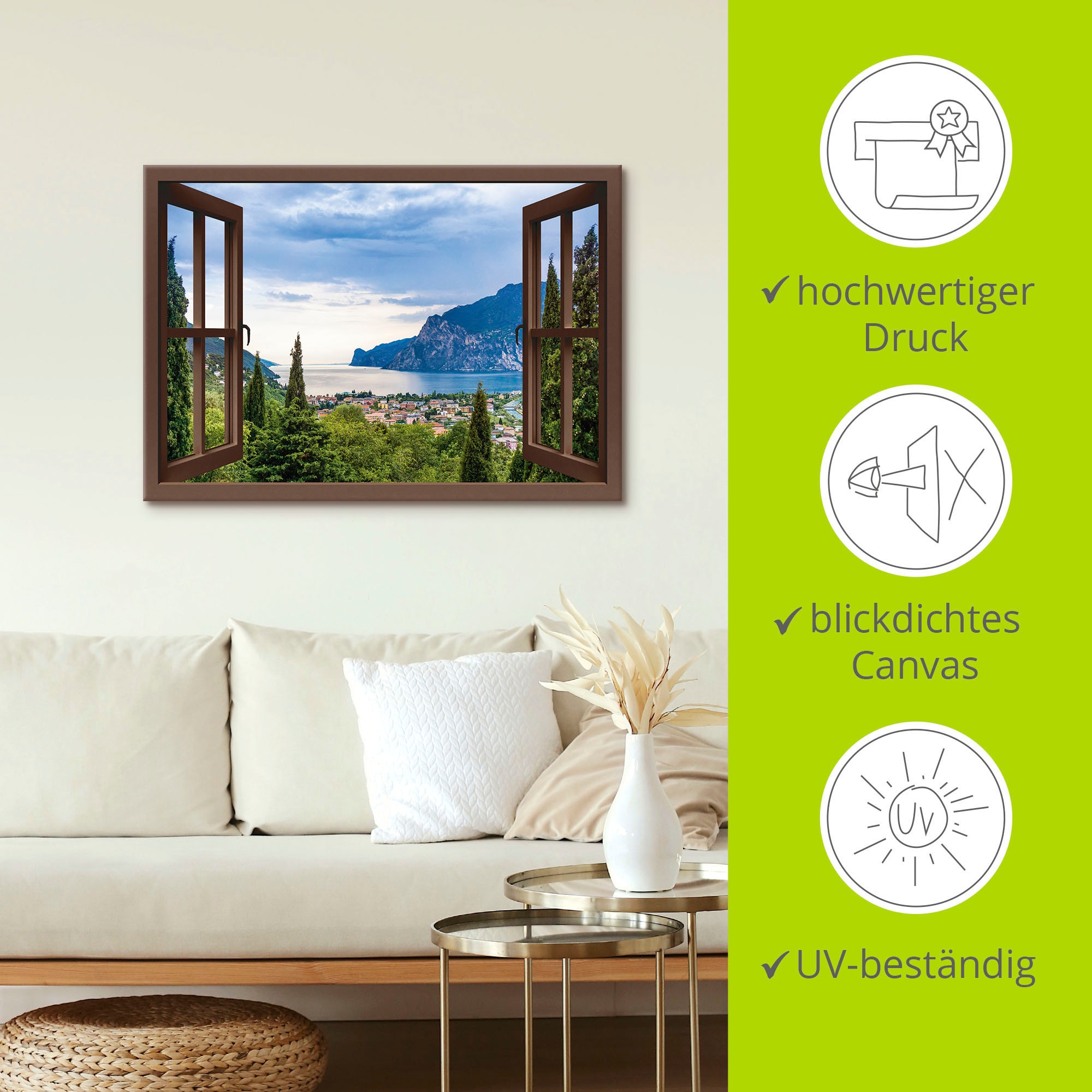 Artland Fresque murale »Gardasee durchs braune Fenster« Images marines 1 cuis tlg. en aluminium, tableau sur toile en différentes tailles