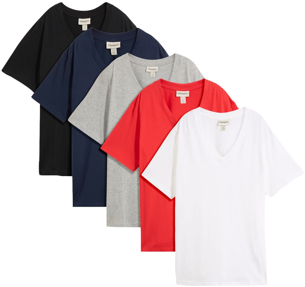 bonprix Longshirt »Weites Long-Shirt mit V-Ausschnitt, Kurzarm (5er Pack)« Packung, 5 tlg. lockere Passform, Kurzarm, mit V-Ausschnitt, unifarben