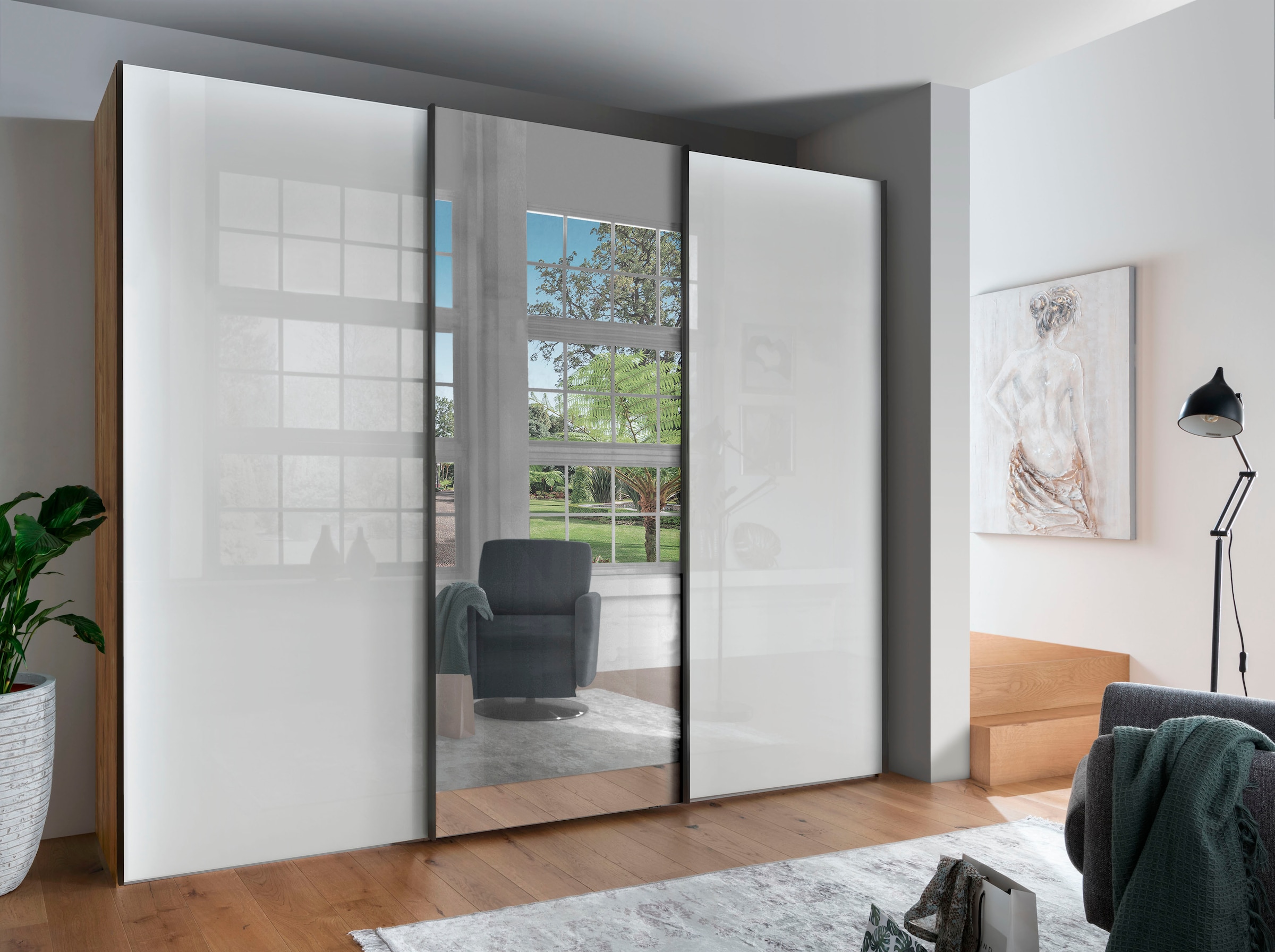 WIEMANN Schwebetürenschrank »Monaco, Kleiderschrank, Schrank, Wäscheschrank, mit Schiebetüren« 2 Breiten, 2 Höhen 216/236 cm auswählbar, MADE IN GERMANY,  hochwertige Glas- und Spiegelfront, variable Inneneinteilung