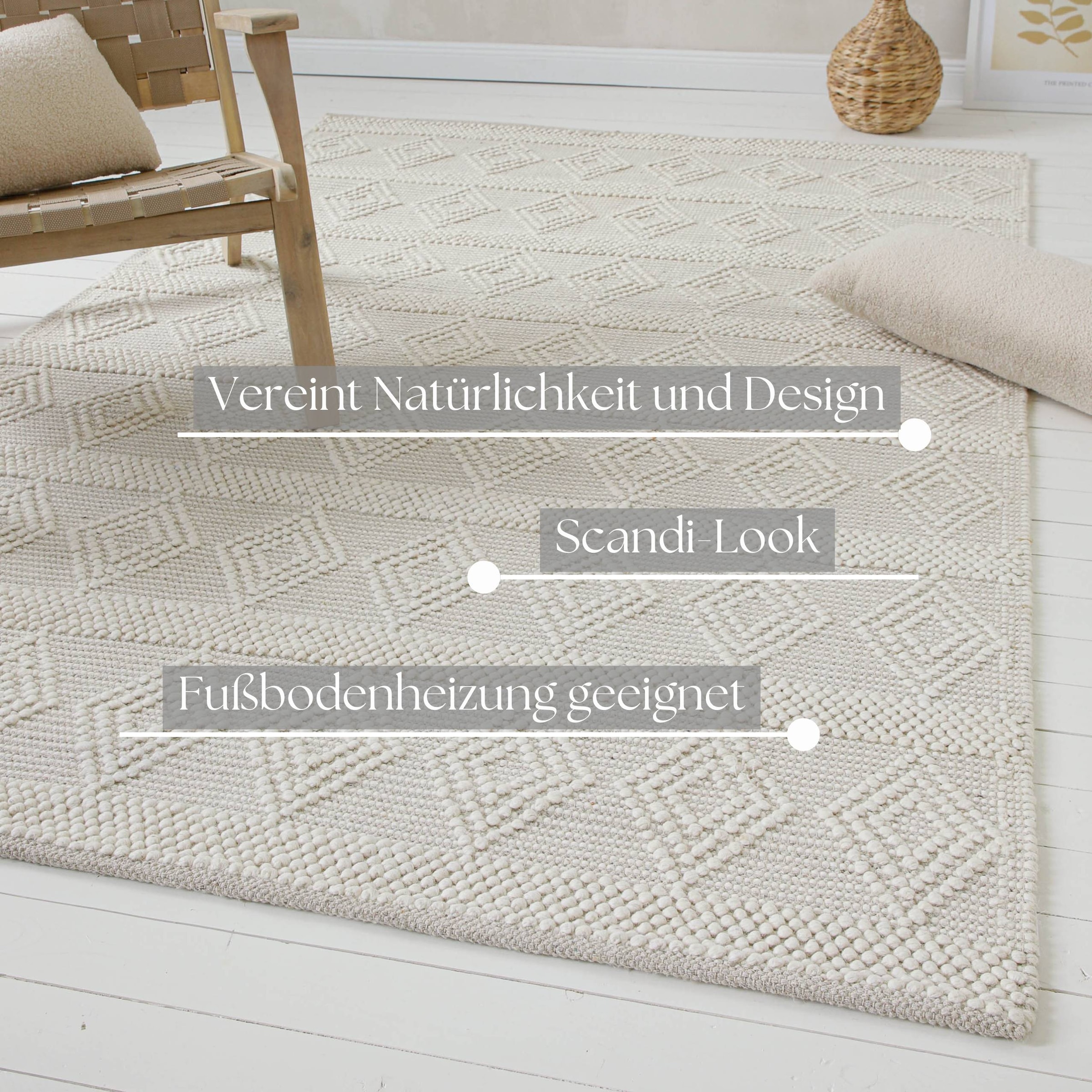 GOODproduct Teppich »Grunno« rechteckig 8 mm Höhe 70% Wolle, handgewebt, Raute, Hoch-Tief, Wohnzimmer, Naturfaser