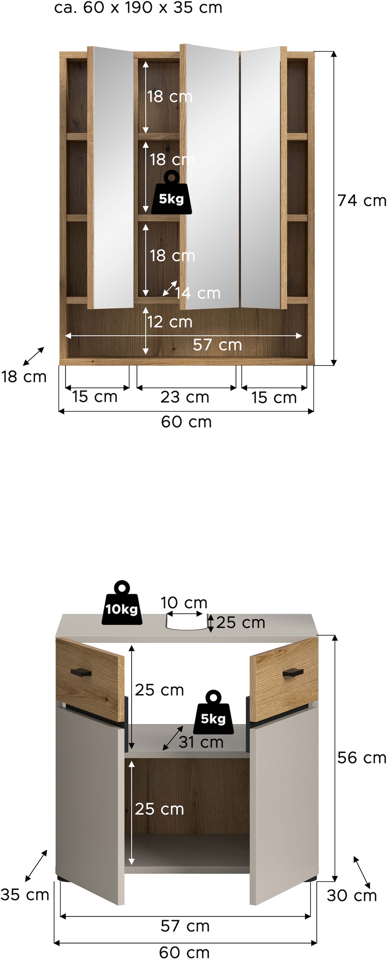 welltime Ensemble de meubles de salle de bain »VANN, 2-teilige moderne Badkombination« 1x Waschbeckenunterschrank, 1x Spiegelschrank, 2 cuis tlg.
