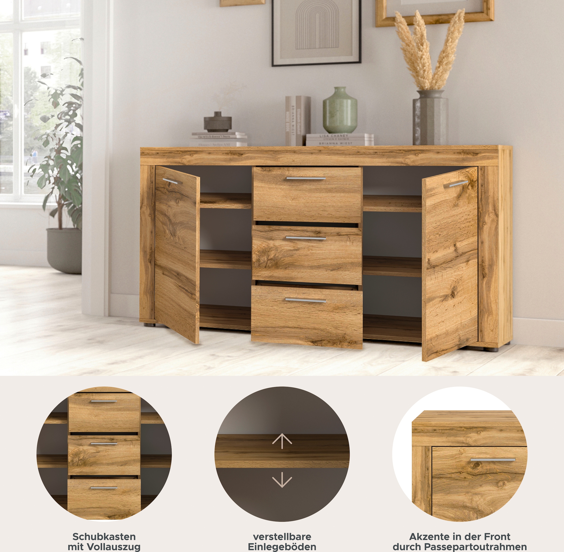 Home affaire Sideboard »Aosta, Breite 125 cm, in verschiedenen Farbausführungen« mit 2 Türen und 3 Schubkästen, Wohnzimmer, Kommode, Schrank