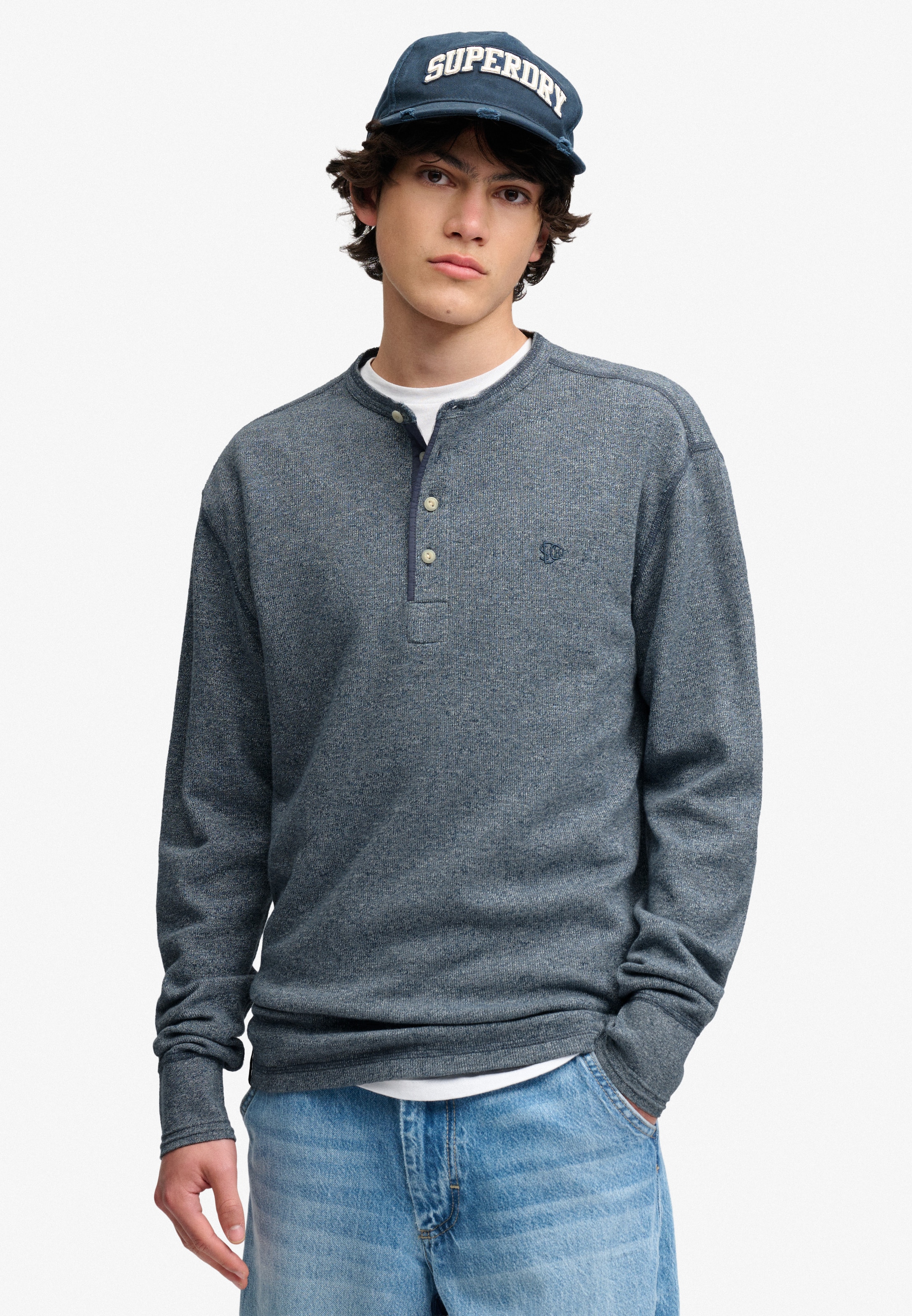 Superdry T-shirt à manches longues »MINI SLUB WAFFLE LS GRANDAD« Coupe ample, col rond, en coton