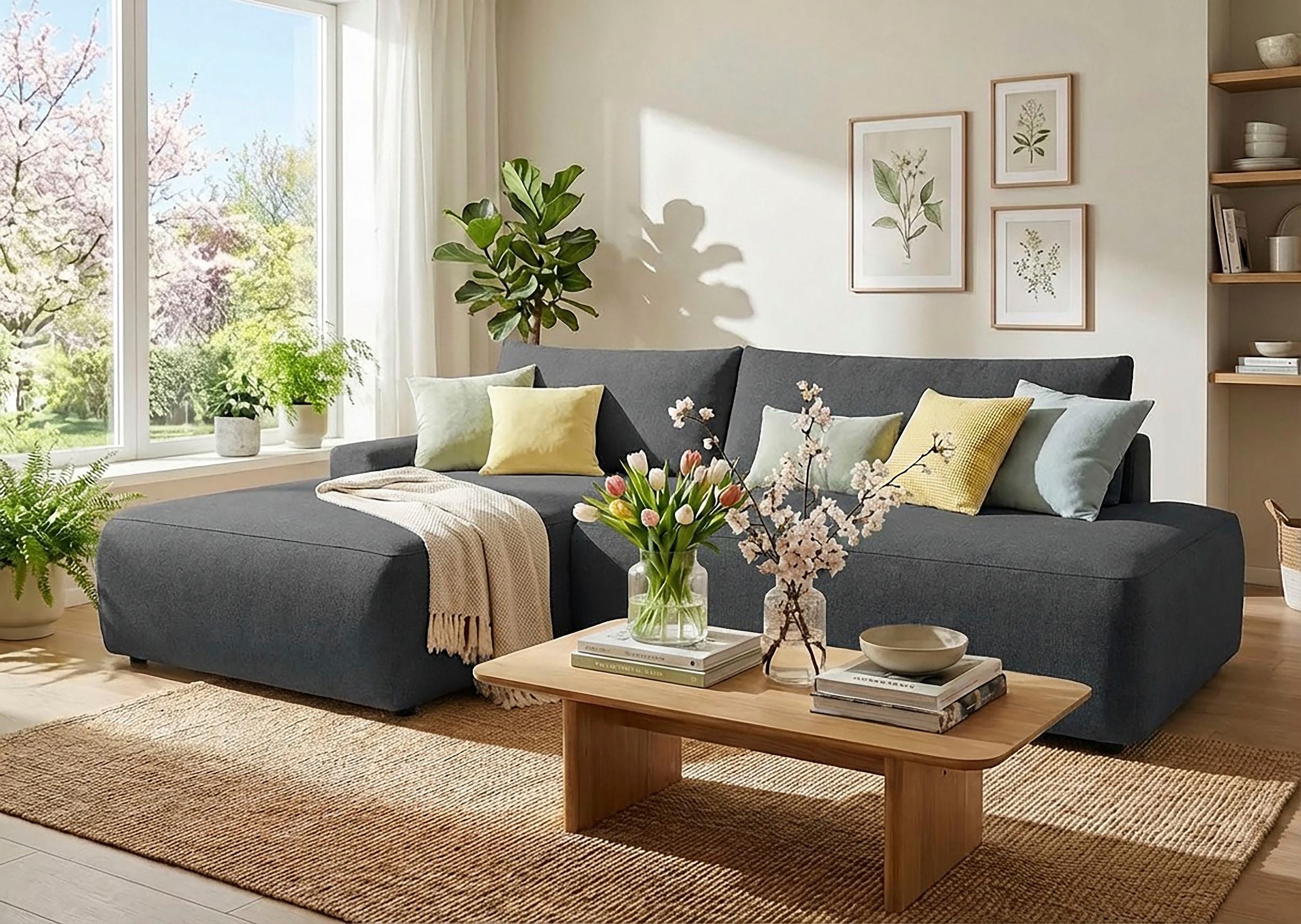 TRENDMANUFAKTUR Canapé d'angle »Prag, Schlafsofa mit Bettkasten, Couch in L-Form, Breite 253 cm« en tissu structuré fin, anthracite, méridienne à gauche