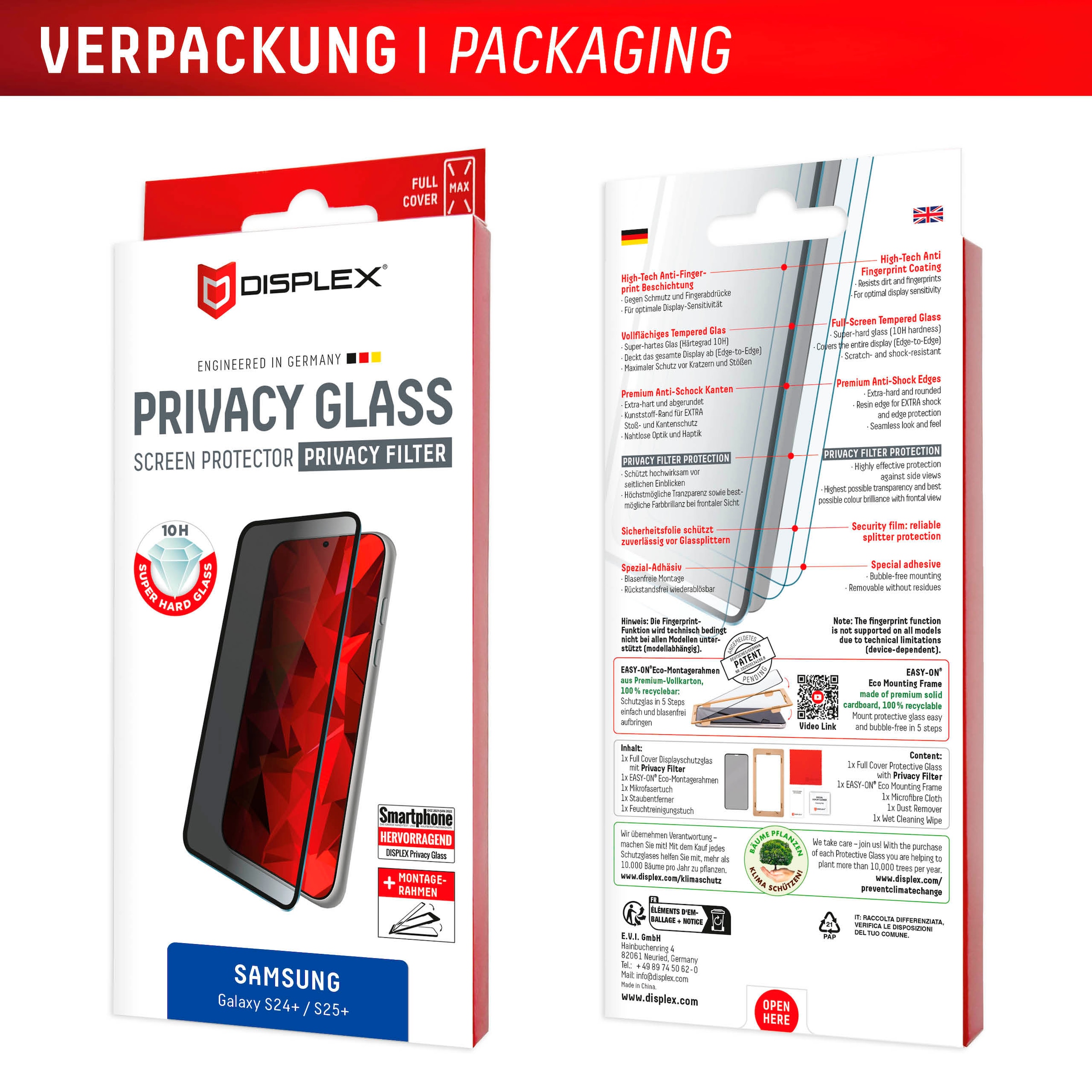 Displex Verre de protection d'écran »Privacy Glass« für Samsung Galaxy S24+;Samsung Galaxy S25+ Blickschutz Displayschutzfolie Displayschutz kratzer-resistent 10H
