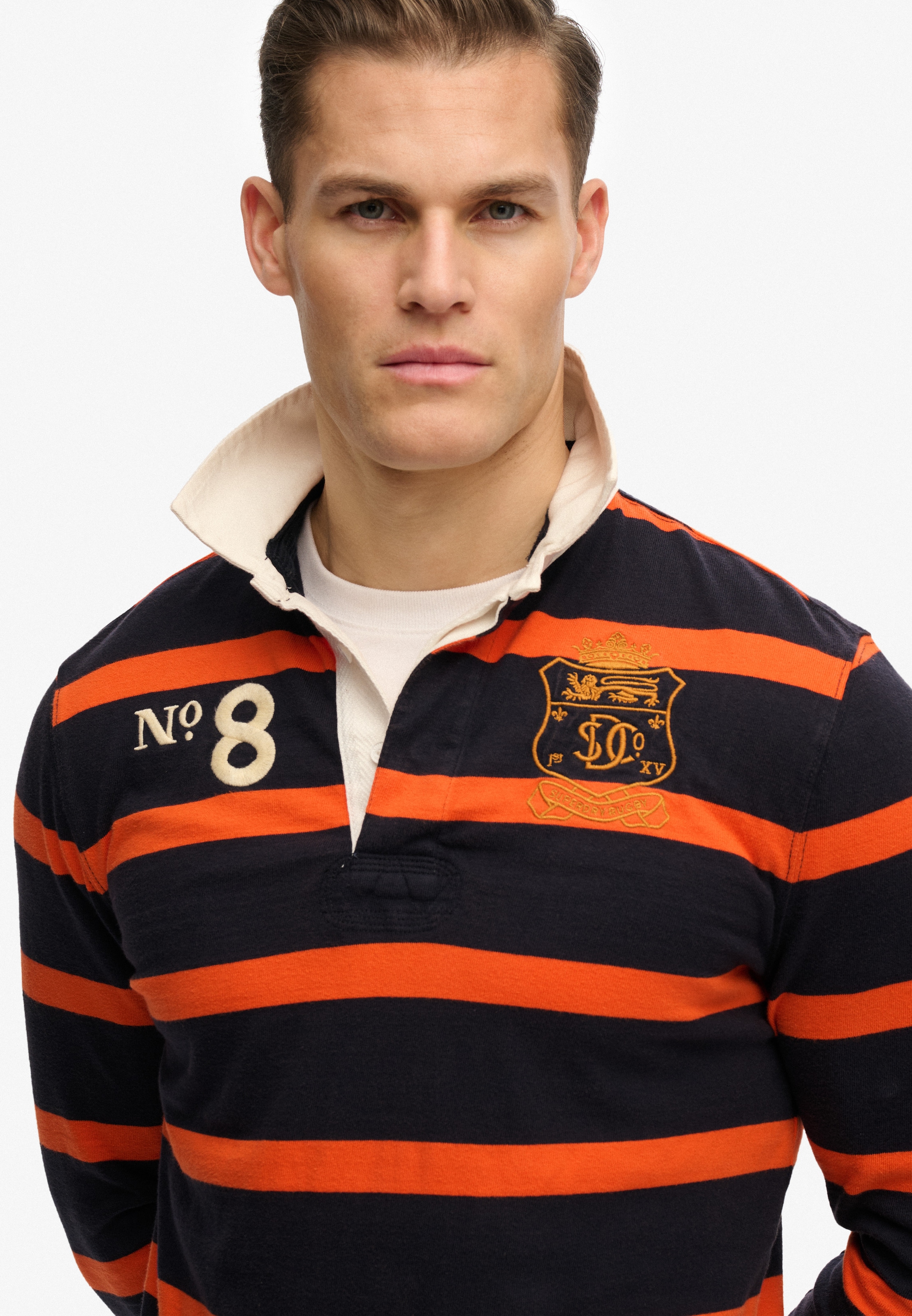Superdry T-shirt à manches longues »DOUBLE EMBLEM STRIPE RUGBY« en coton et jersey simple, coupe décontractée, aspect rayé