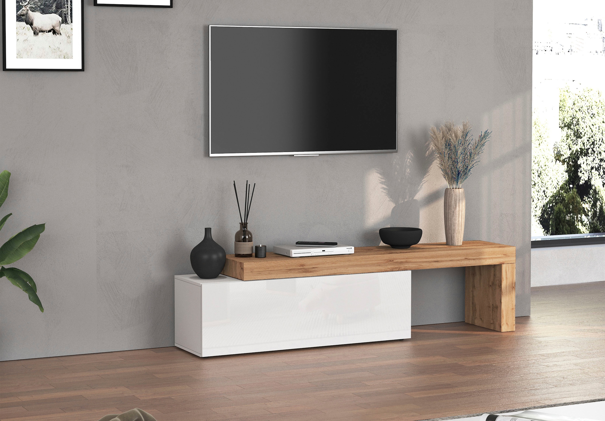 INOSIGN Table basse »Chronos TV-Board, T-Schrank« Breite verstellbar von 180 bis 290 cm, 1 cuis tlg. Breite 240 cm TV-Board,Lowboard,1 Klappe und ein L-Förmiger Aufsatz
