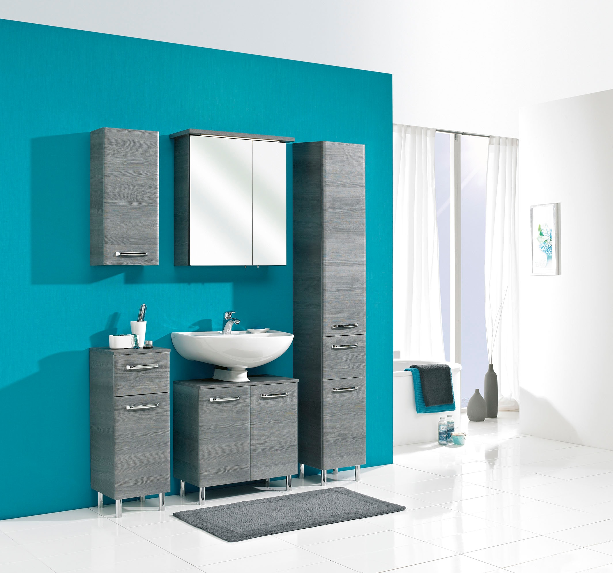 Saphir Armoire sous lavabo »Quickset Unterbeckenschrank mit 2 Türen, Siphonausschnitt, 60 cm breit« Armoire sous lavabo avec amortisseur de porte, poignées chromées brillantes