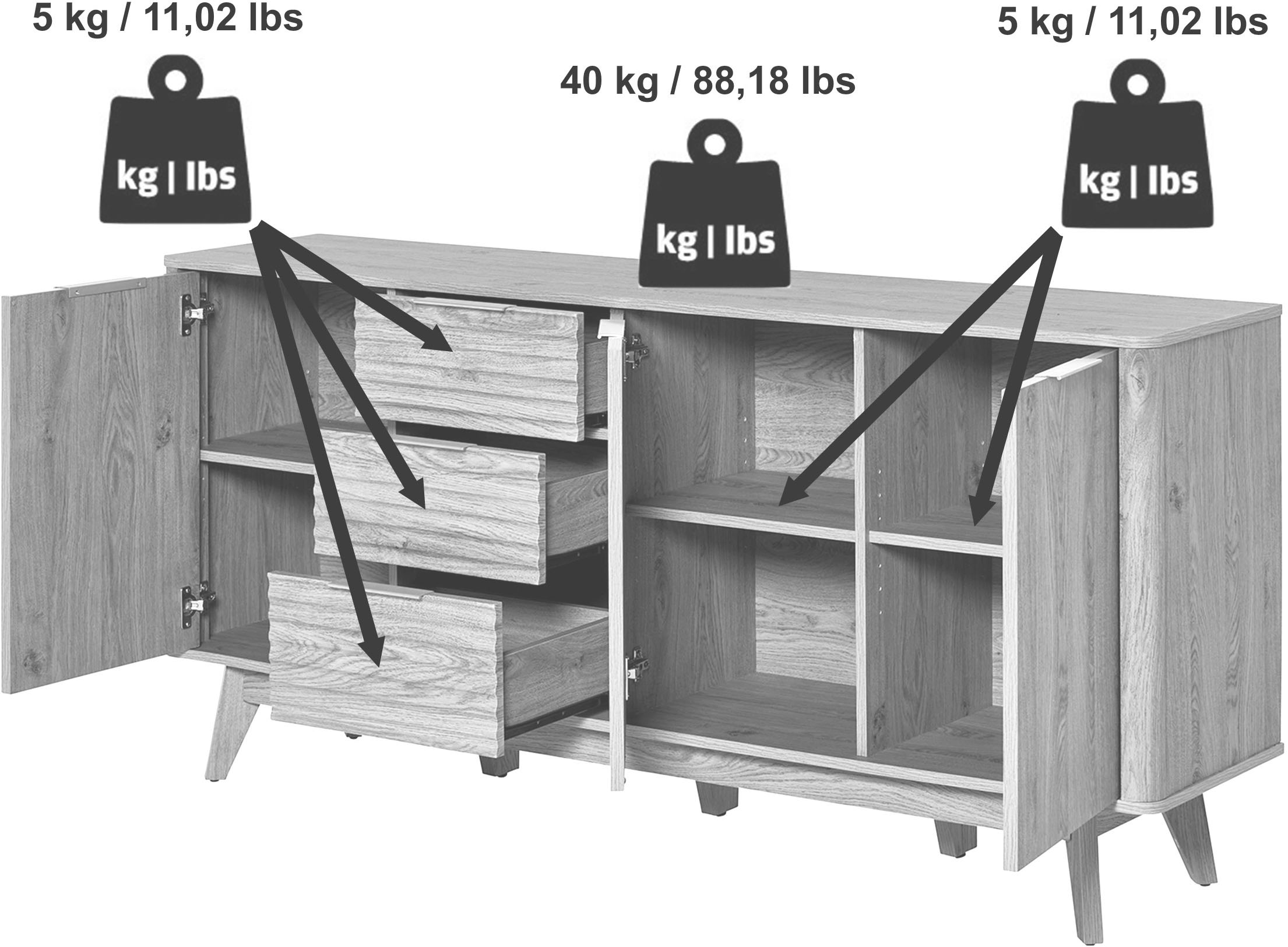Jahnke Buffet »WAVE SB 170« 1 cuis tlg. Buffet, 3 tiroirs + 3 portes, design ondulé, largeur 169,5 cm