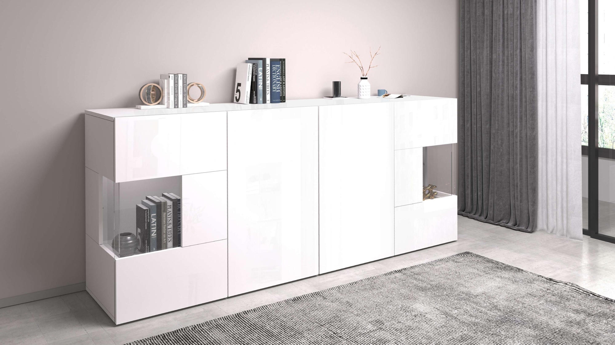 GOODproduct Sideboard »Egypt, Kommode, Schrank, Kredenz, Vitrine grifflos« 4 Türen davon 2 mit Glaseinsatz, kompl. Hochglanz lackiert, Breite 180