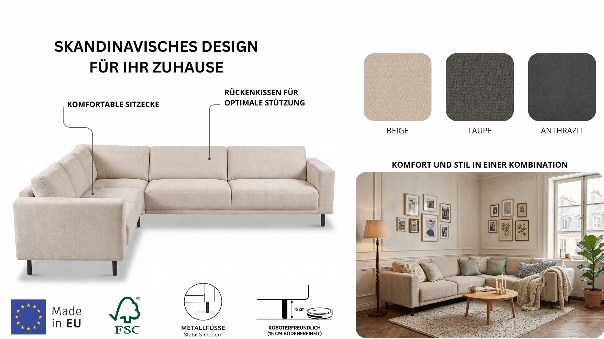 GOODproduct Canapé d'angle »Sveeva, L-Form, B.288 cm, schwarze Metallfüsse« tissu structuré durable, avec suspension ondulée, plusieurs couleurs