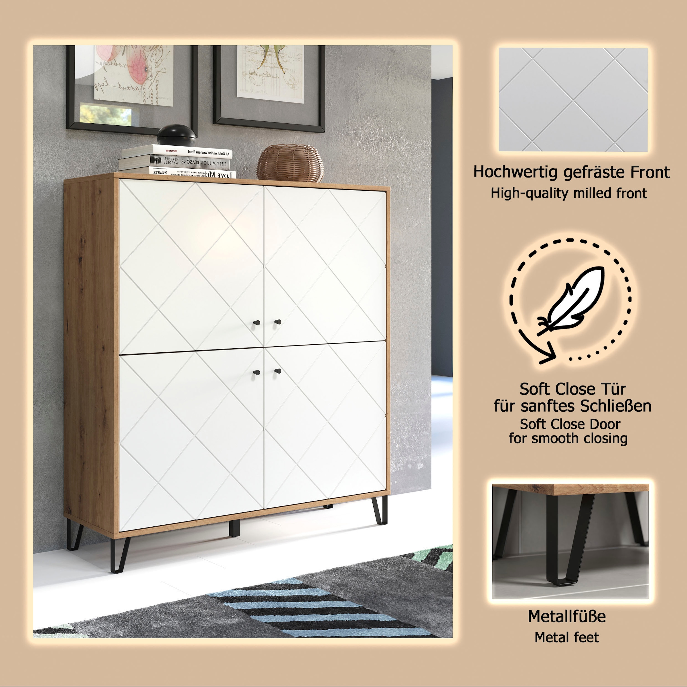 Home affaire Highboard »Tarragona« Highboard mit 4 Türen & Soft-Close - (B/T/H) 123/40/136 cm