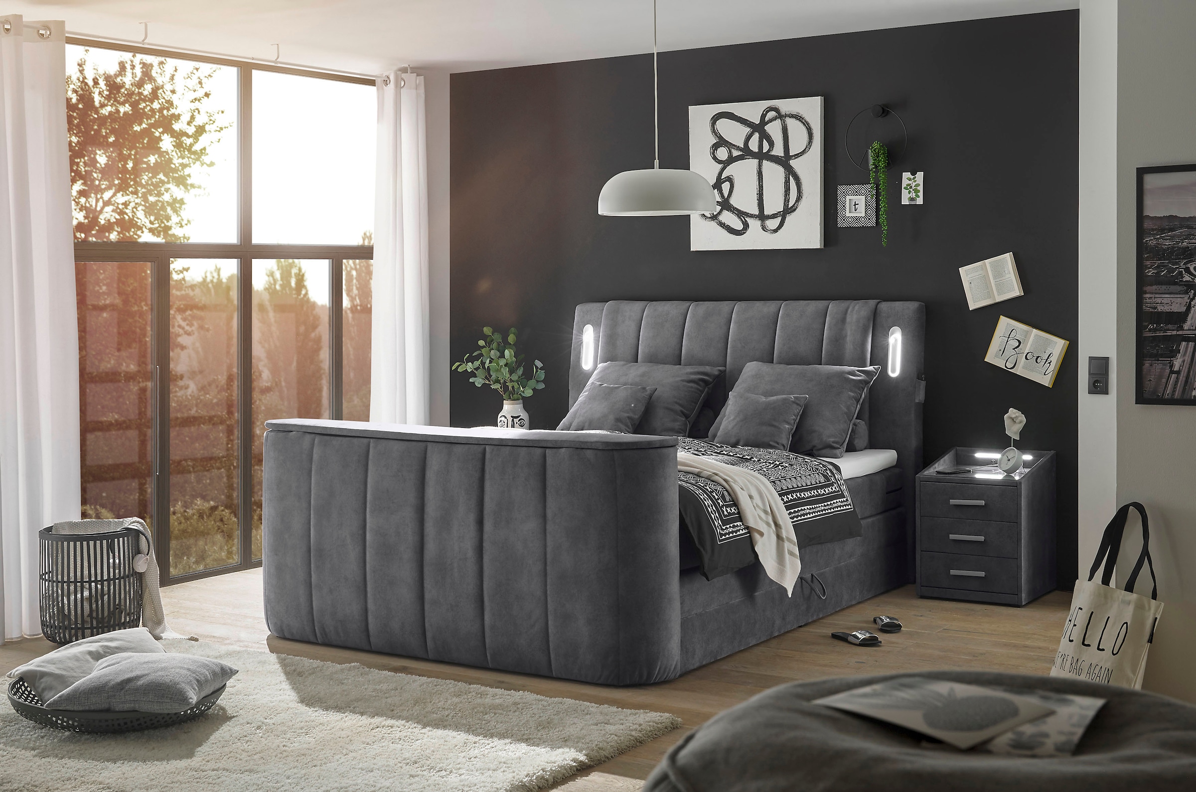 ED EXCITING DESIGN Boxspringbett »Dallas« 7 Stk. tlg. inkl. Topper, LED-Beleuchtung, TV Halterung und zwei Bettkästen