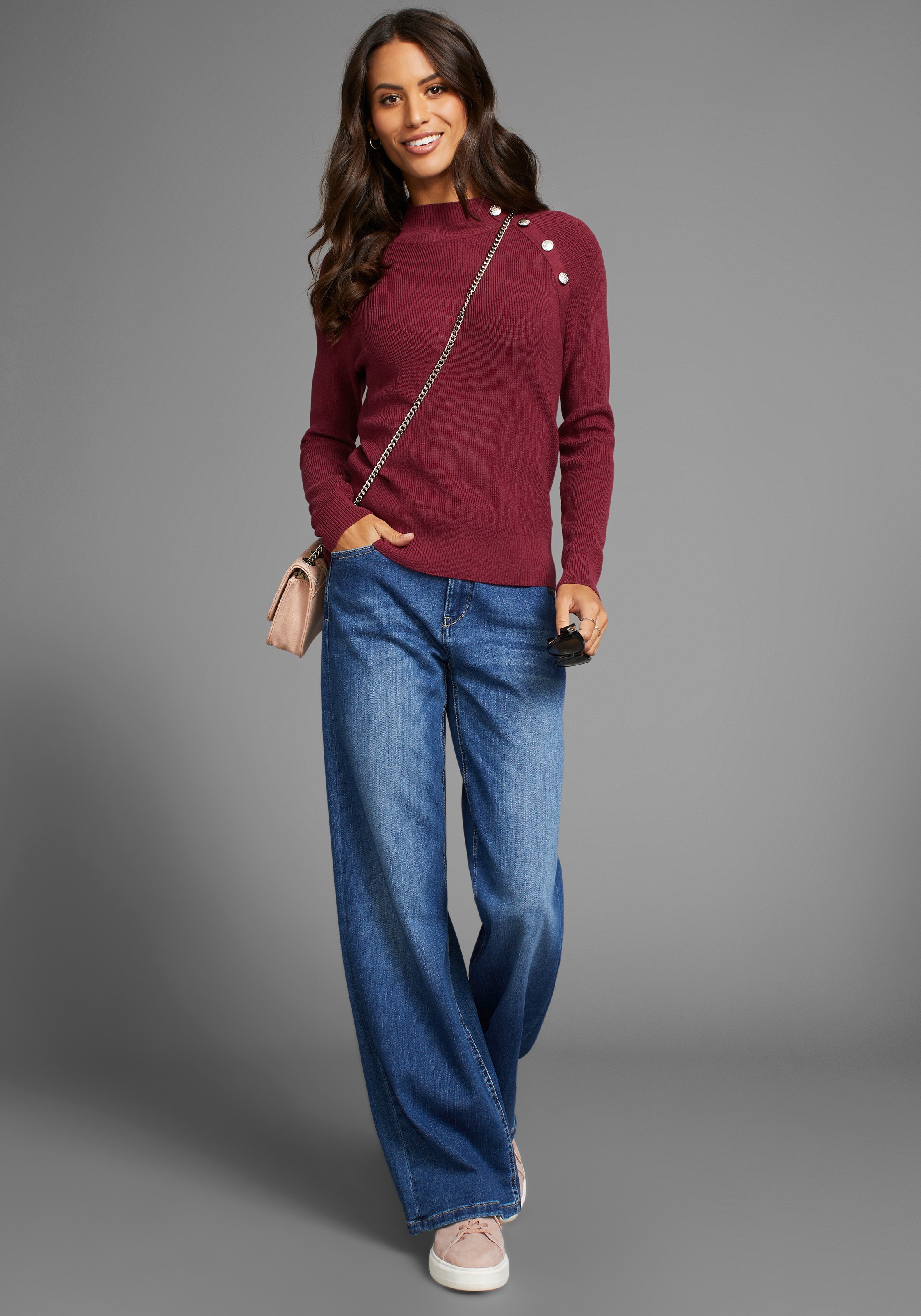 Laura Scott Pull en tricot kuscheliger Winterstrick mit Knopfdetail und Stehkragen