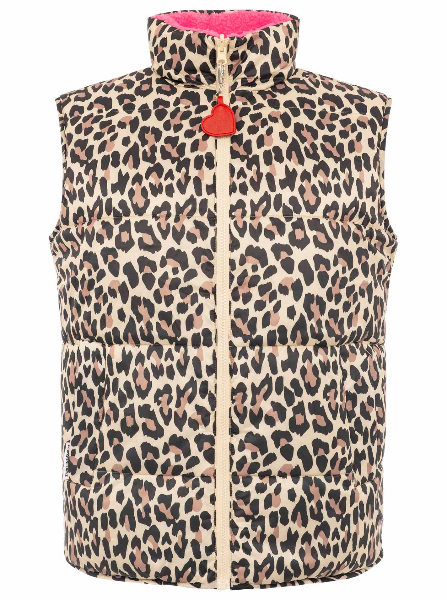 Zwillingsherz Gilet réversible »"Leo Teddy"« réversible, avec fermeture éclair, pendentif cœur, motif léopard, poches latérales