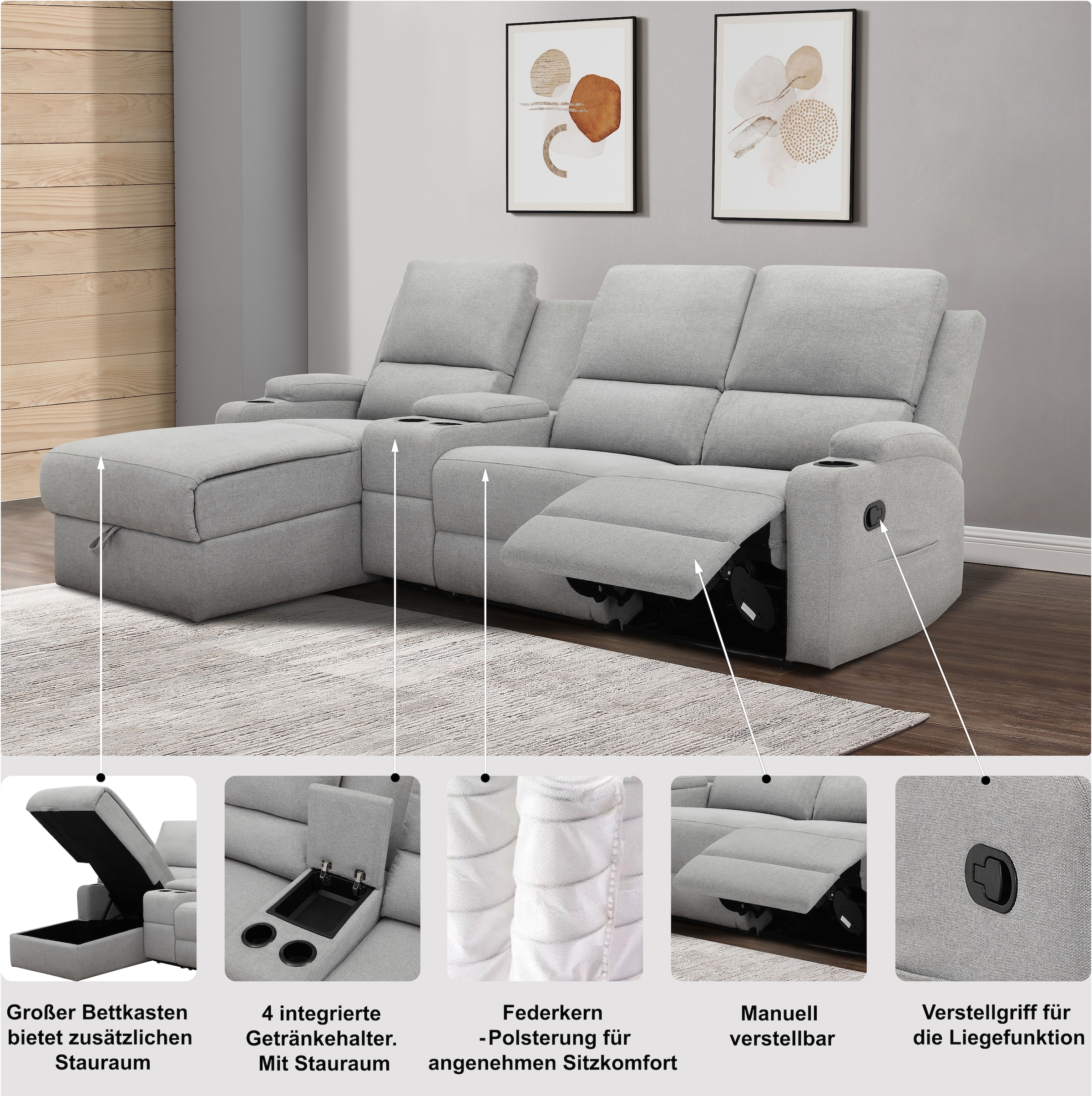 GOODproduct Canapé d'angle »NAPORI Multimediasofa, 3er Kinosessel XXL, L-Form, Cord« Kinosofa mit Relaxfunktion, Getränkehalter, Staufach und Staukasten