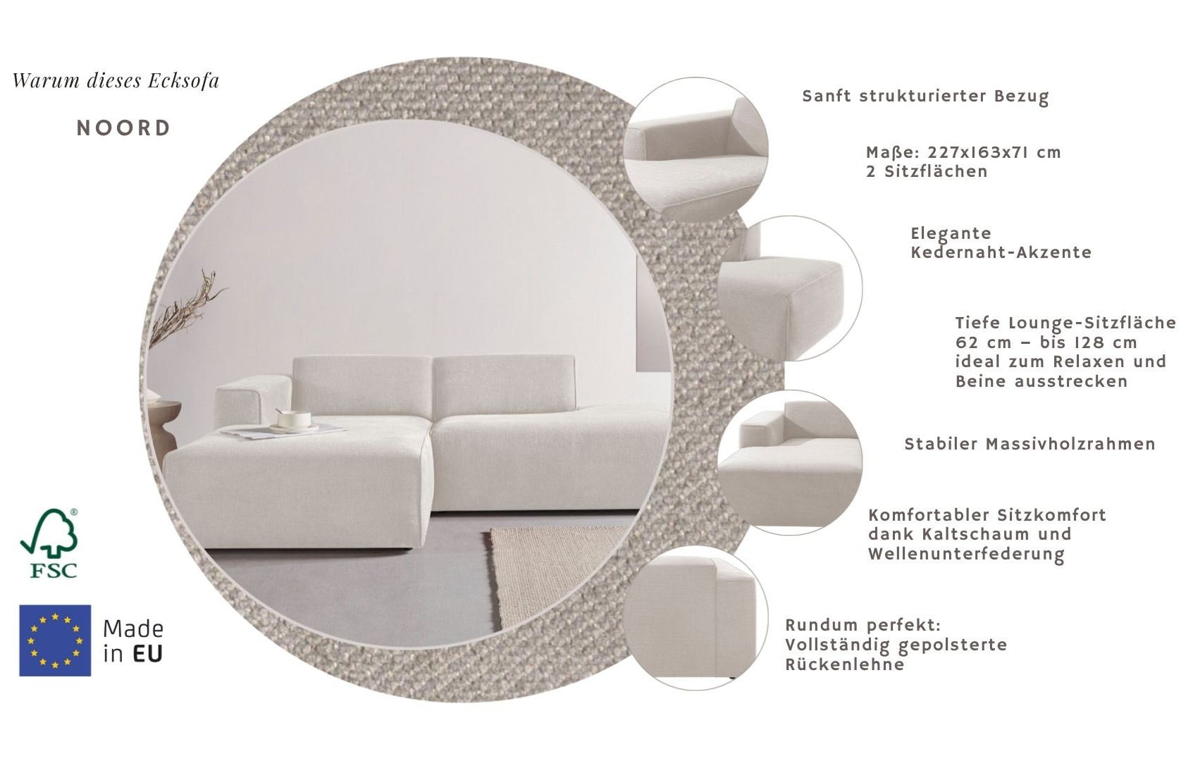 Home affaire Canapé d'angle »Noord mit Kedernaht, Breite 227 cm, L-Form« Cord, Struktur, Webstoff, mit Wellenunterfederung, Massivholzrahmen
