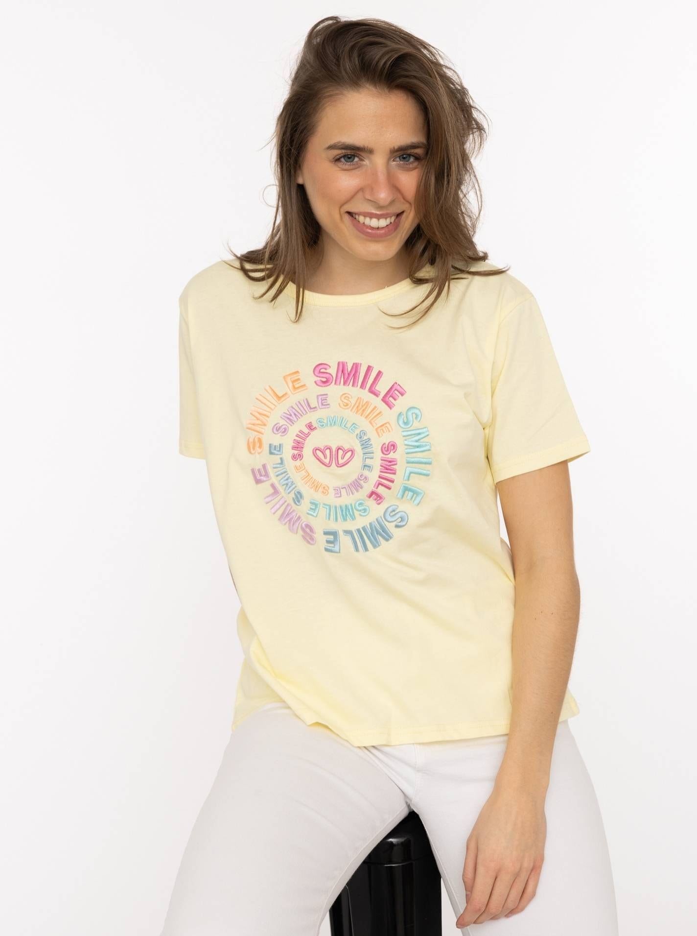 Zwillingsherz T-shirt »"Smile"« Farbenfrohe runde Stickerei, Rundhals, kurzarm