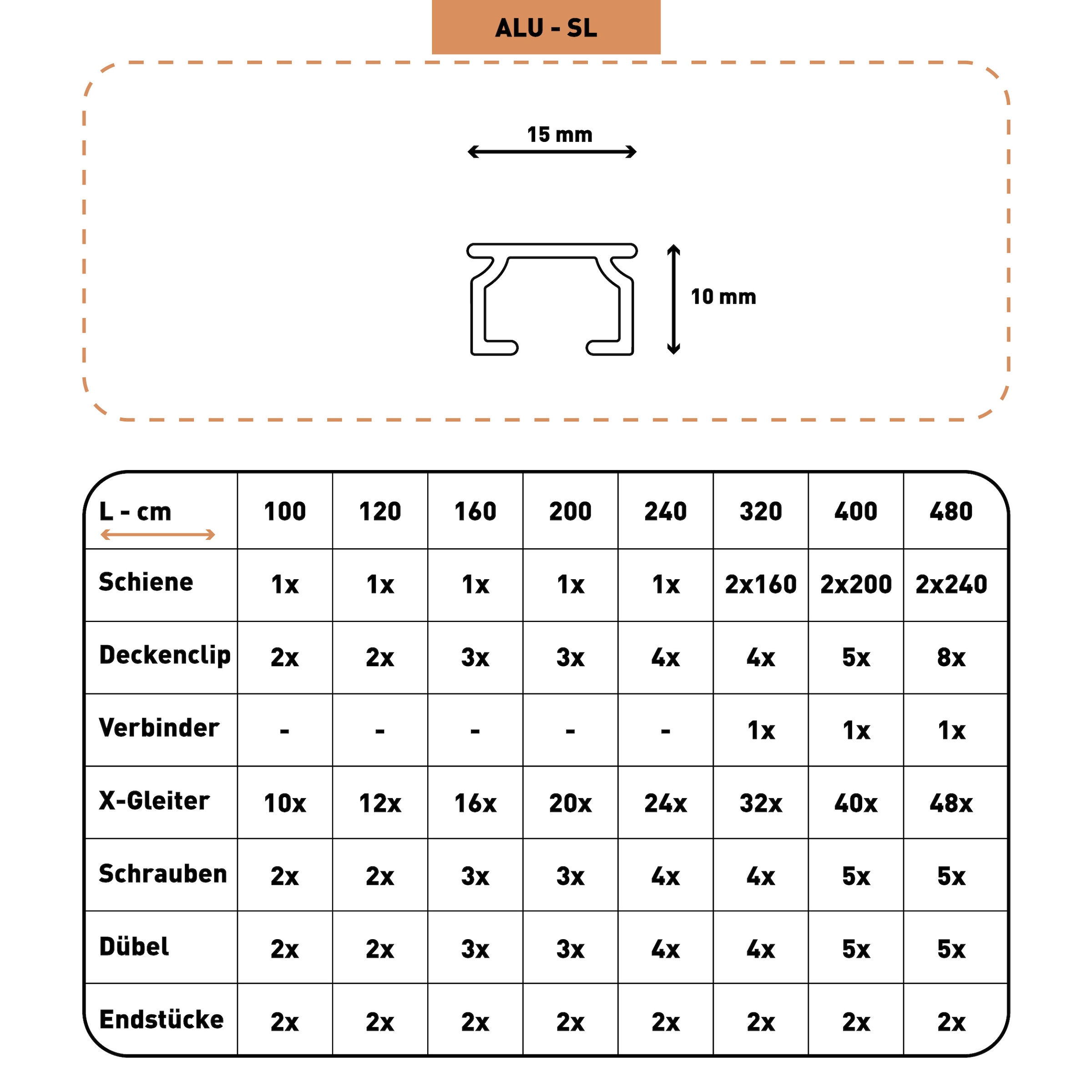 SN DECO GROUP Rail à rideaux »Objektschiene SL« 1 läufig-läufig Fixmass in versch. Längen und Farben, Aluminium, Innenlauf, Vorhangschiene