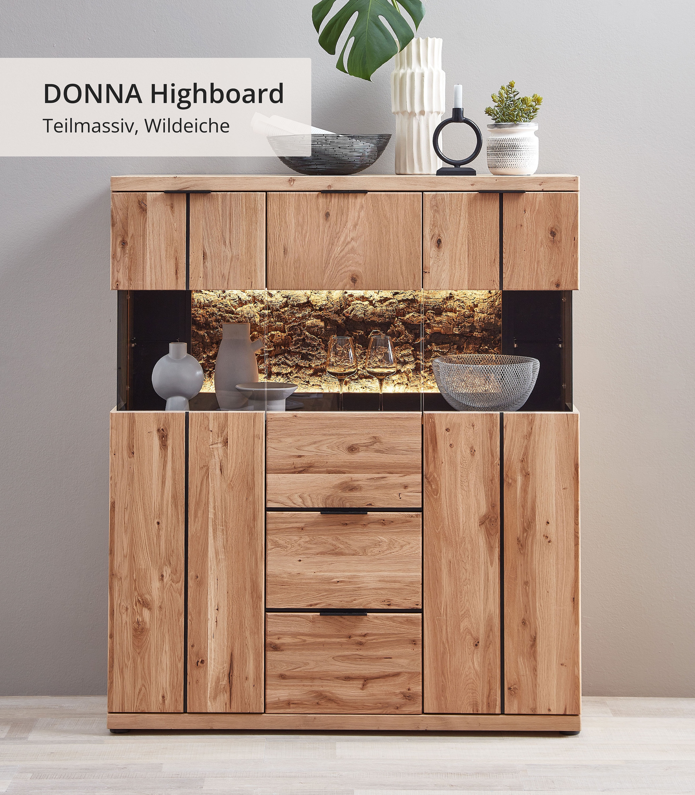Wohnconcept Buffet haut »Donna Highboard, 122x144x42 (BxHxT)« 1 cuis tlg. Beleuchtung optional bestellbar, 3 türig, 2 Schubkasten, Softclose