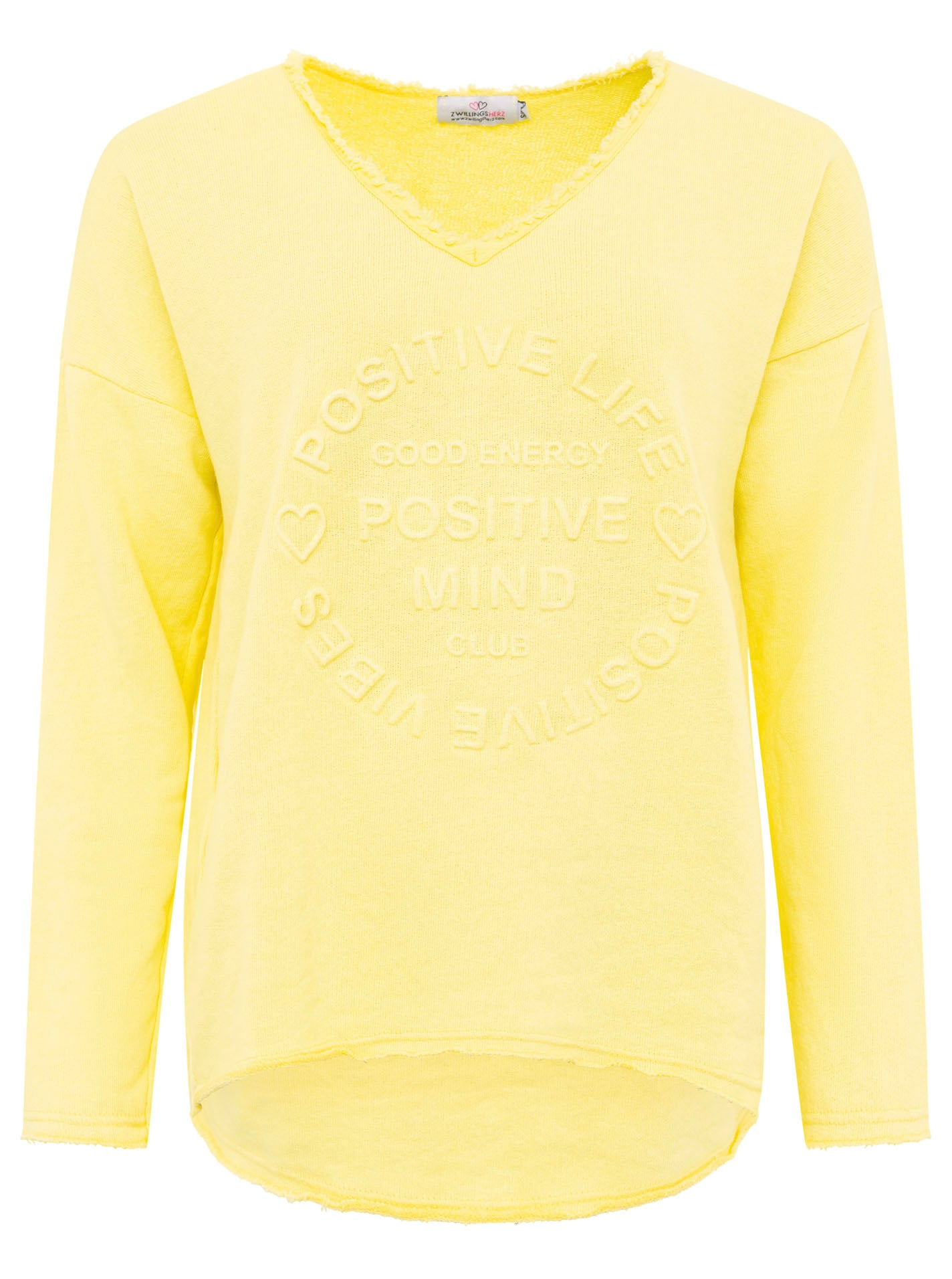Zwillingsherz Sweatshirt »"Positive Mind"« ausgefranster V-Ausschnitt, Used Look, Langarm, Schriftzug