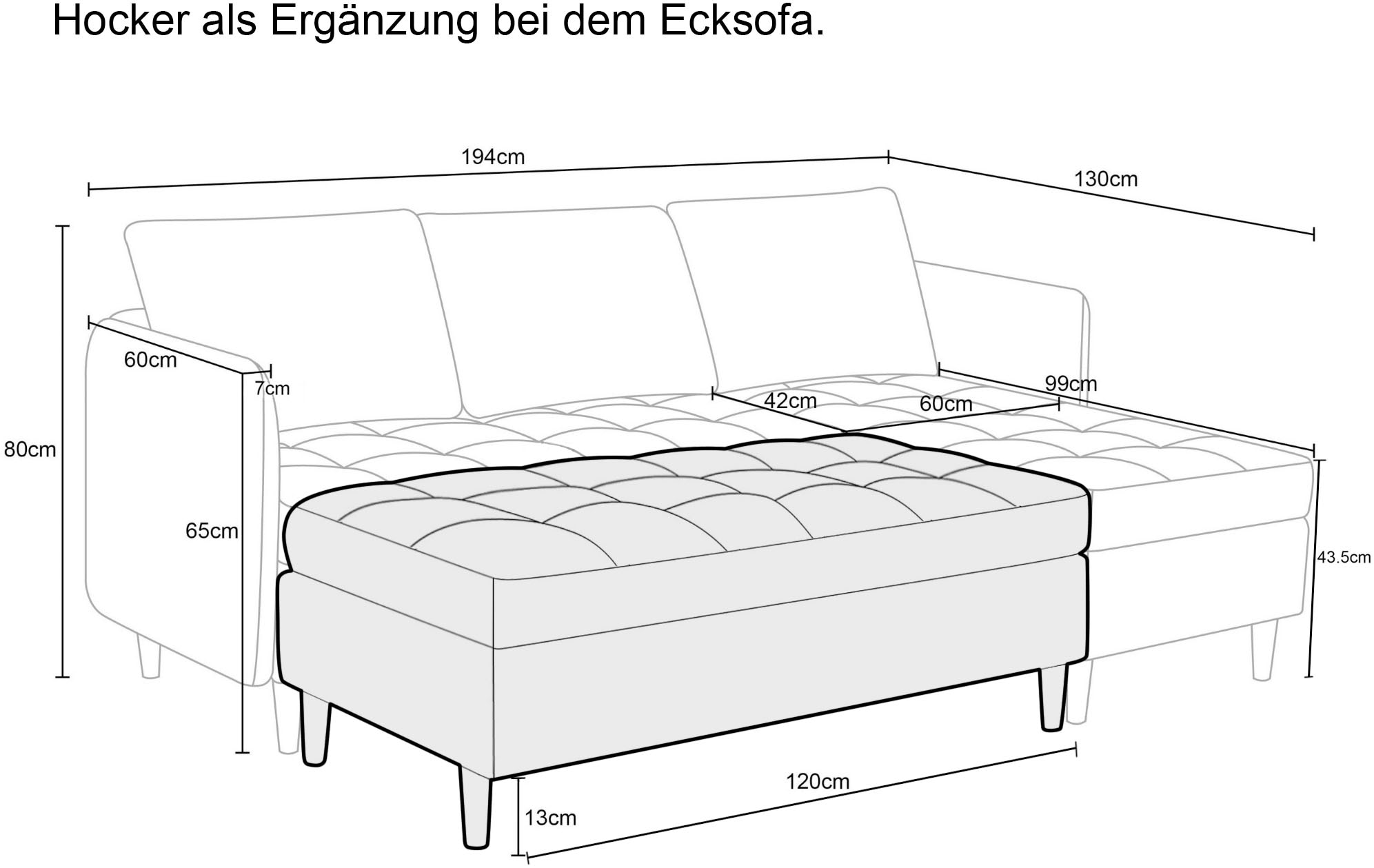 Dorel Home Tabouret »LINDHUS, Modul für die Lindhus-Sofas- Breite 120 cm« verlängert das Sofa zum Schlafsofa, Cord und Chenille-Bezug