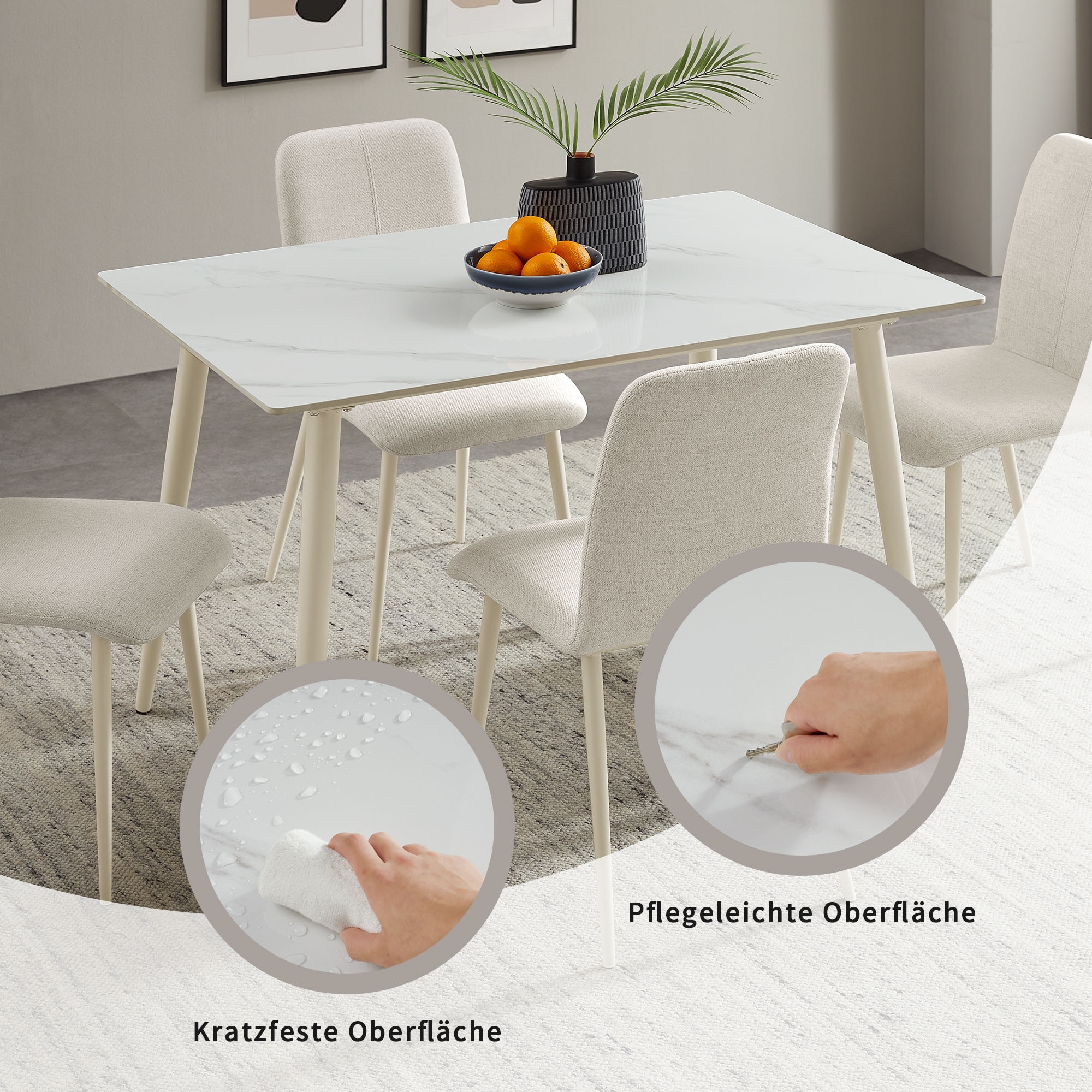 GOODproduct Ensemble de salle à manger »Kryce« Set, 120 cm Esstisch + 2 Stühle + Bank, 4 cuis tlg. Strukturstoff, robustem Metallgestell, Tischplatte aus Sinterstein