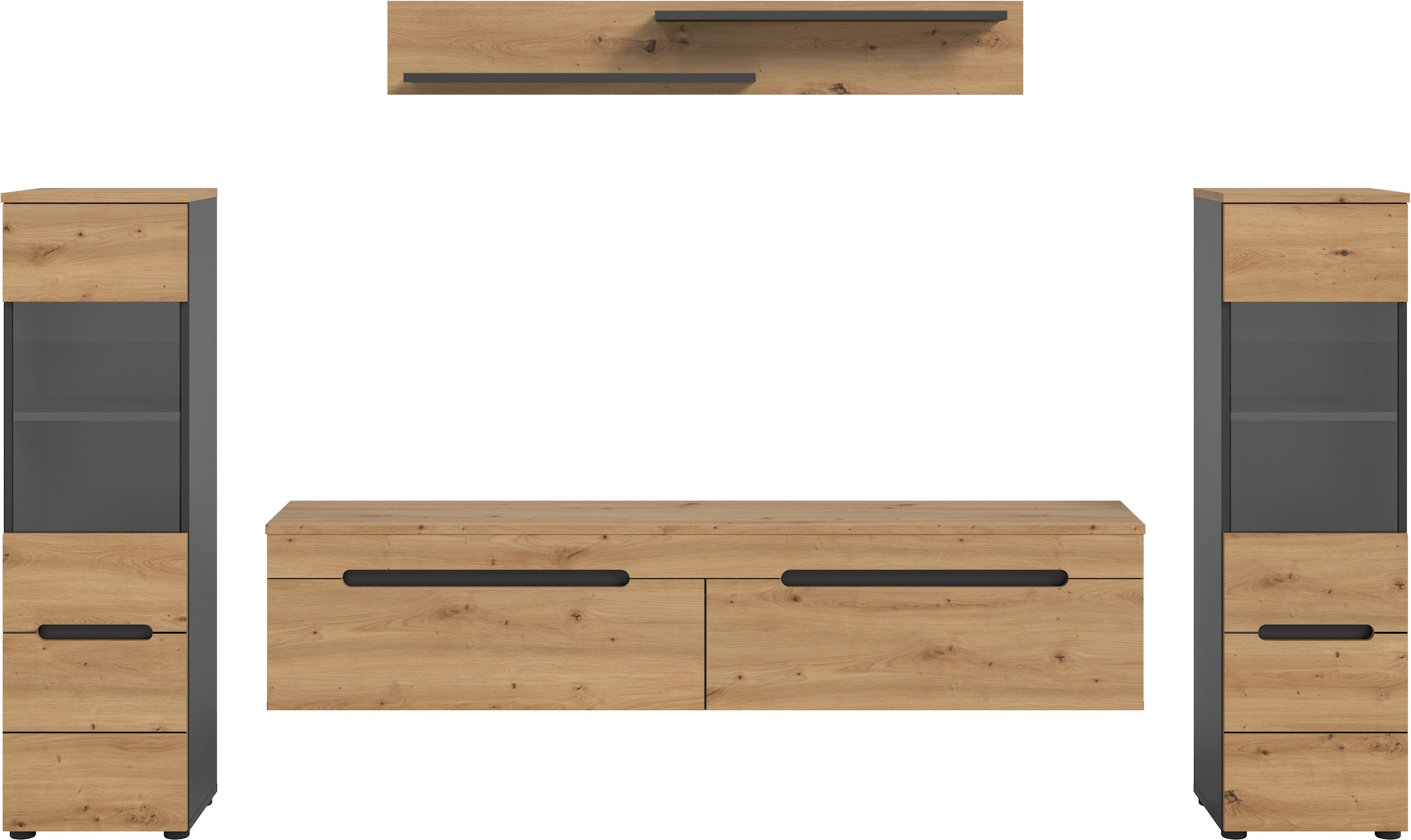 Home affaire Wohnwand »REHAT, 4-teilig, wahlweise stehend und hängend montierbar« Set bestehend aus: 2x Vitrine, Lowboard und Wandboard, 3 Stk. tlg.