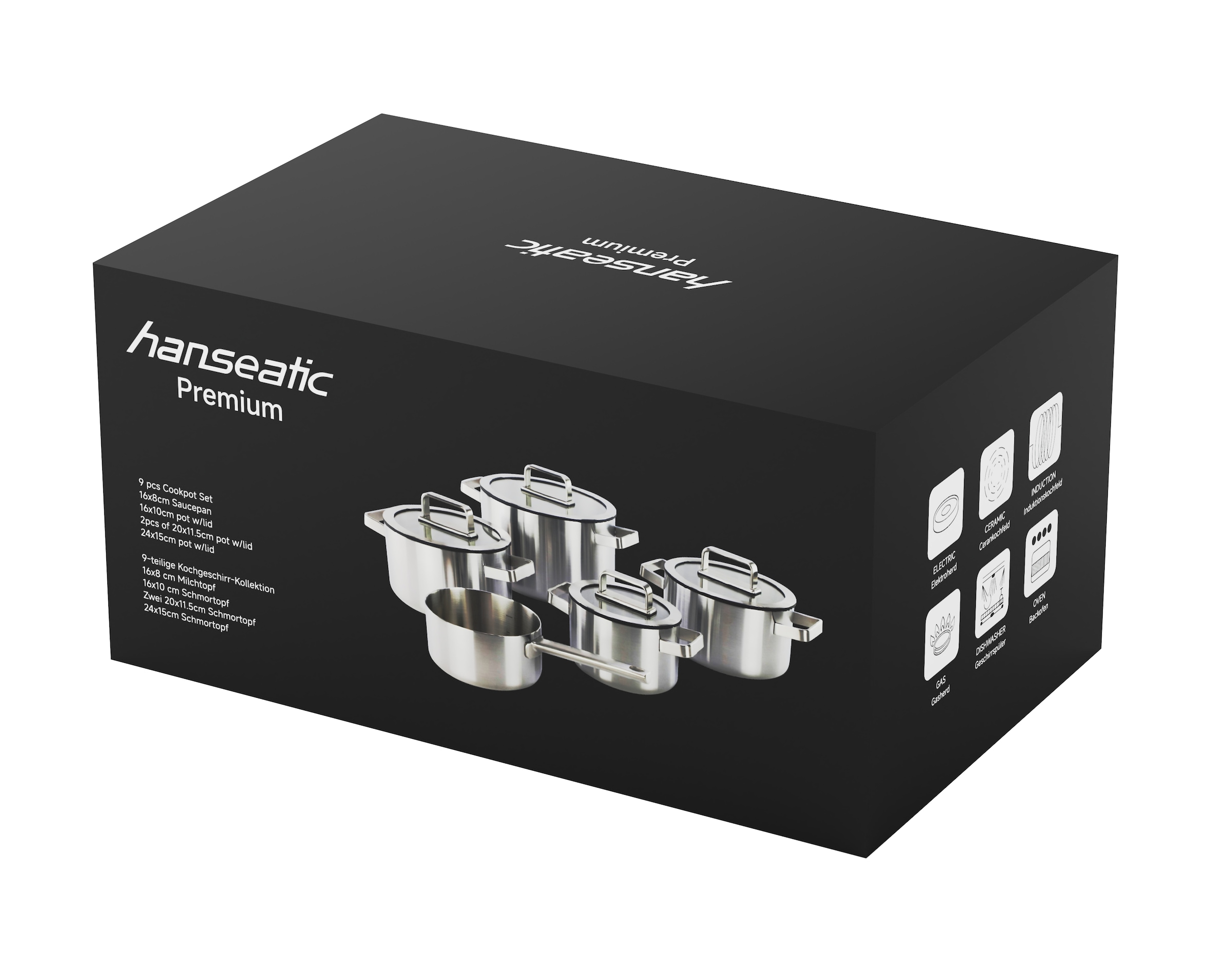 Hanseatic Set de casseroles »PREMIUM« Set, Kochtopf 1x 16 cm / 2x 20 cm / 1x 24 cm, Stielkasserolle 16 cm, 9 cuis tlg. handfreundliche Griffe, Literskala, Glasdeckel, Induktion