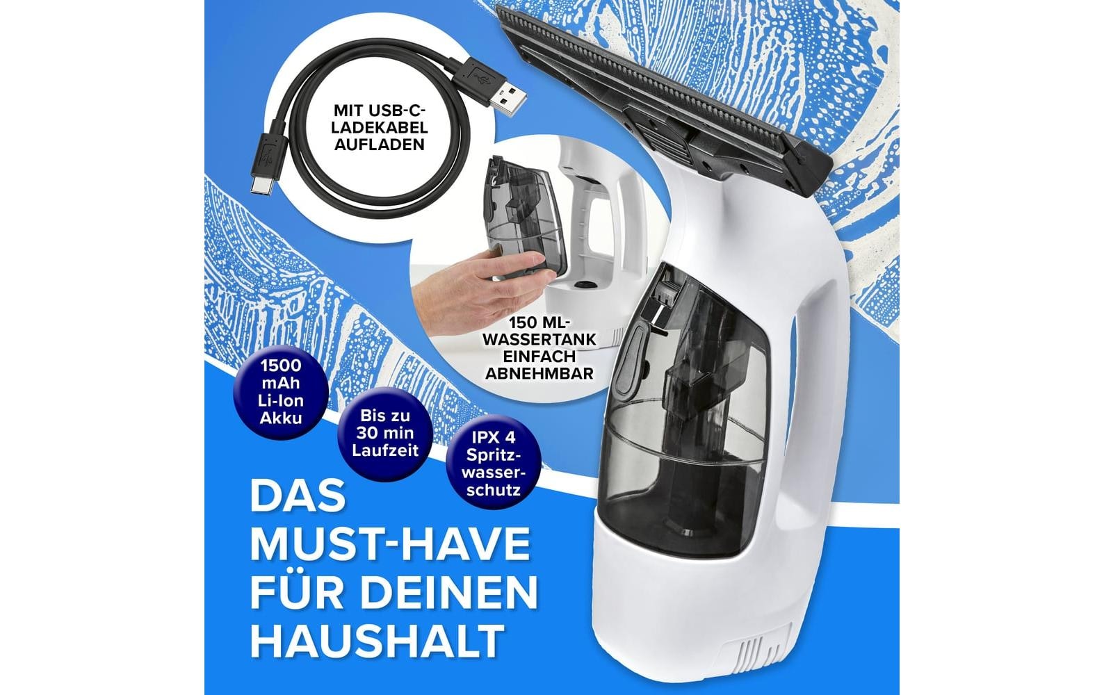 Lumaland Aspirateur de vitres sans fil »CLEANmaxx 3,7 V« nettoyeur de vitres sans fil avec fonction d’aspiration