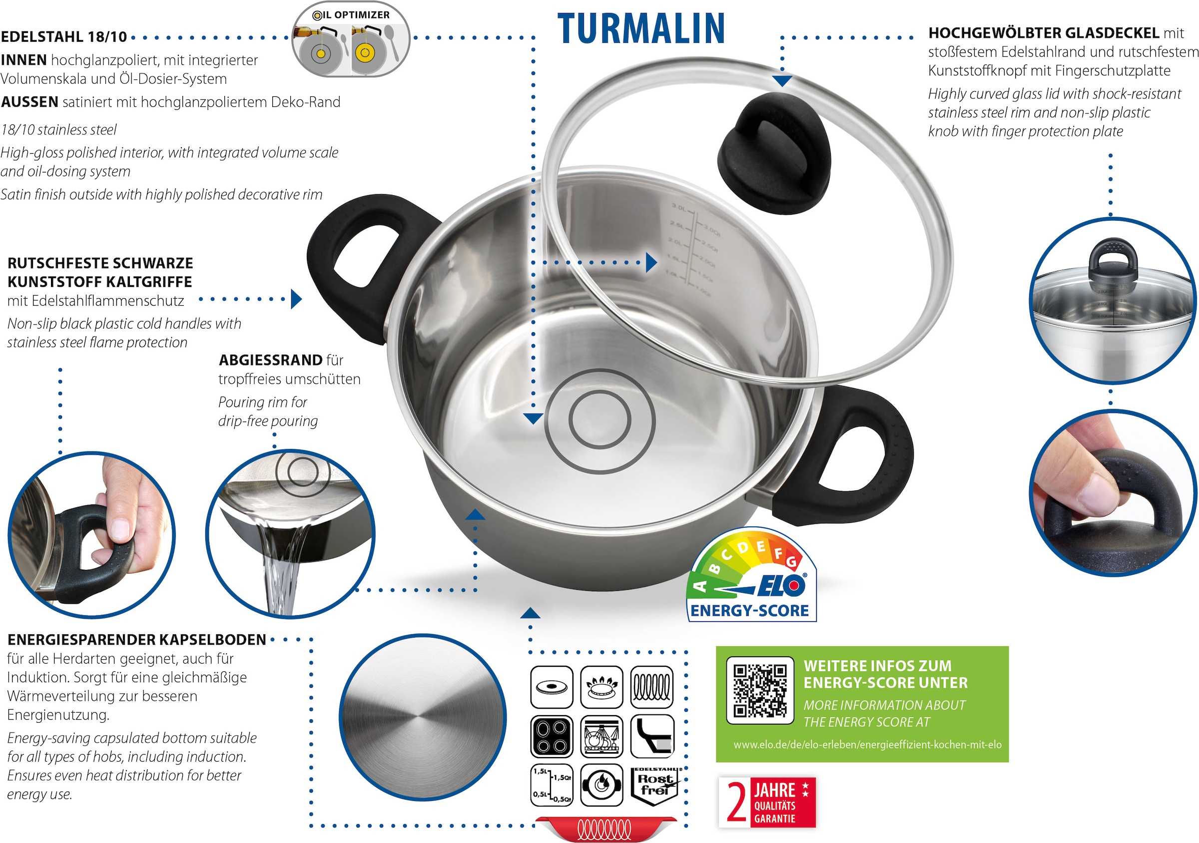 Elo Basic Set de casseroles »Turmalin« Ensemble, je 1 Fleischtopf Ø 16/20/24 cm, 1x Stielkasserolle Ø 16 cm, 7 cuis tlg.