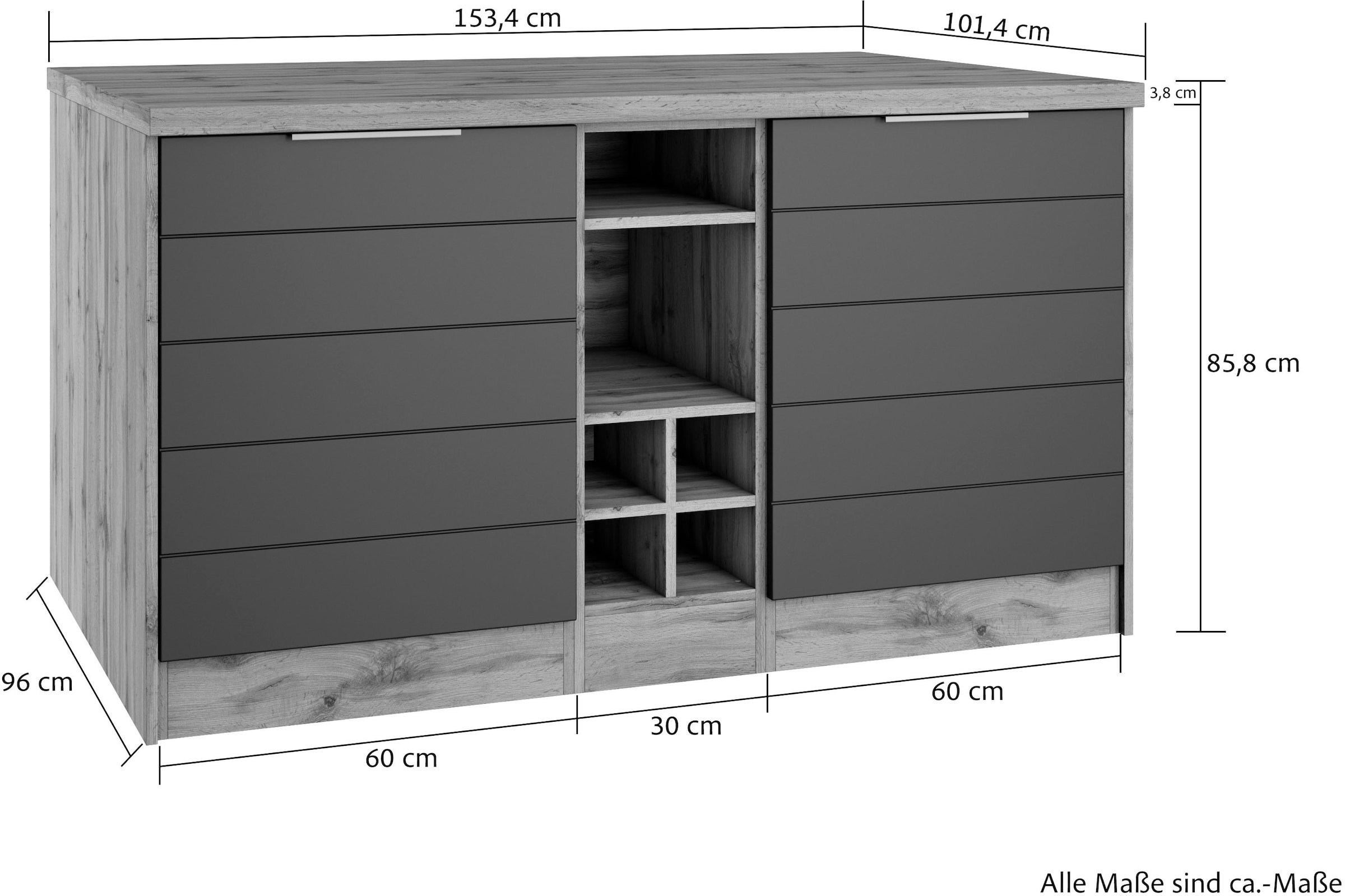 KOCHSTATION Ilot de cuisine »KS-Luhe, Breite 153 cm, mit Flaschenregal« façades MDF, plan de travail épaisseur 38mm