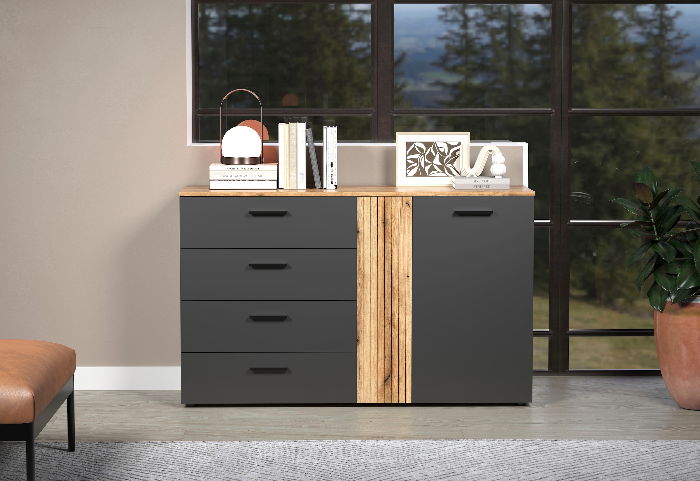 Home affaire Commode »Estepona« 1 cuis tlg. armoire à tiroirs à effet rainuré avec fonction de sortie totale