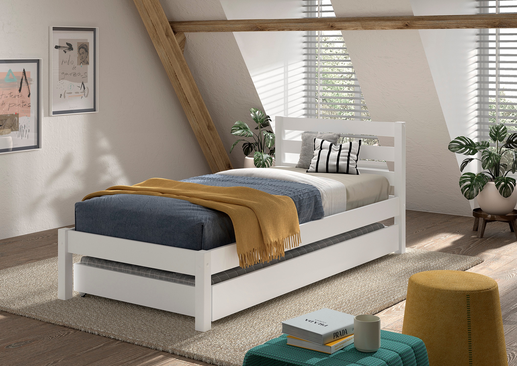 Vipack Lit en bois massif »Pino, universell einsetzbar, gradliniges Design, Made in Europe« L/H/P env. 211x84,4x97,5 cm, surface de couchage 90/200 cm, avec 1 tiroir sous-lit,  incl. sommier à lattes déroulables, pin massif, naturel ou peint en blanc