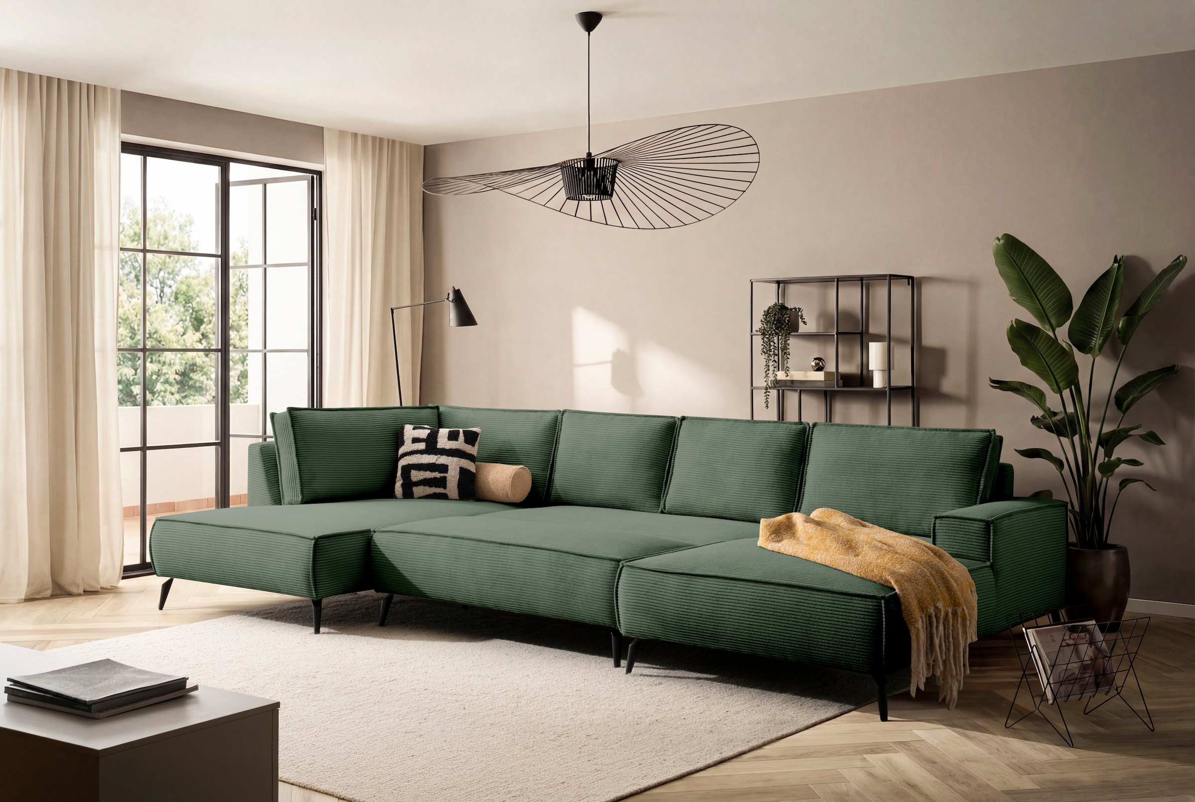 Home affaire Wohnlandschaft »mit Hocker, TVINNU, moderne U-Form in Cord oder Leinenoptik« Recamiere rechts/links, stellbar zum Schlafsofa (Krokodilverbinder)