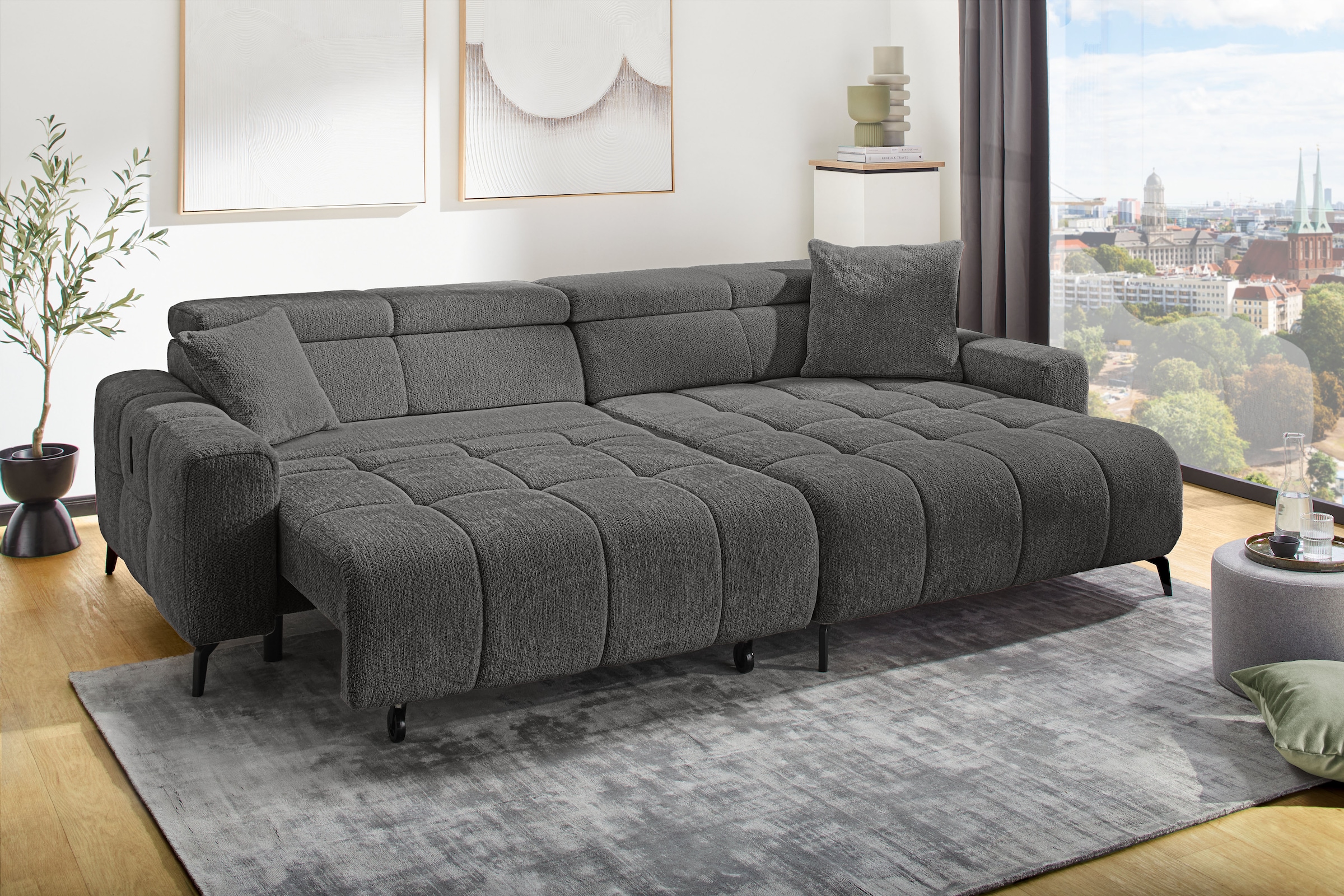 Jockenhöfer Gruppe Ecksofa »Racer L-Form, B: 290 cm, 60 cm elektrische Sitztiefenverstellung« USB-Ports, Kopfstützen verstellbar, Zierkissen, bis 140 kg/Sitz