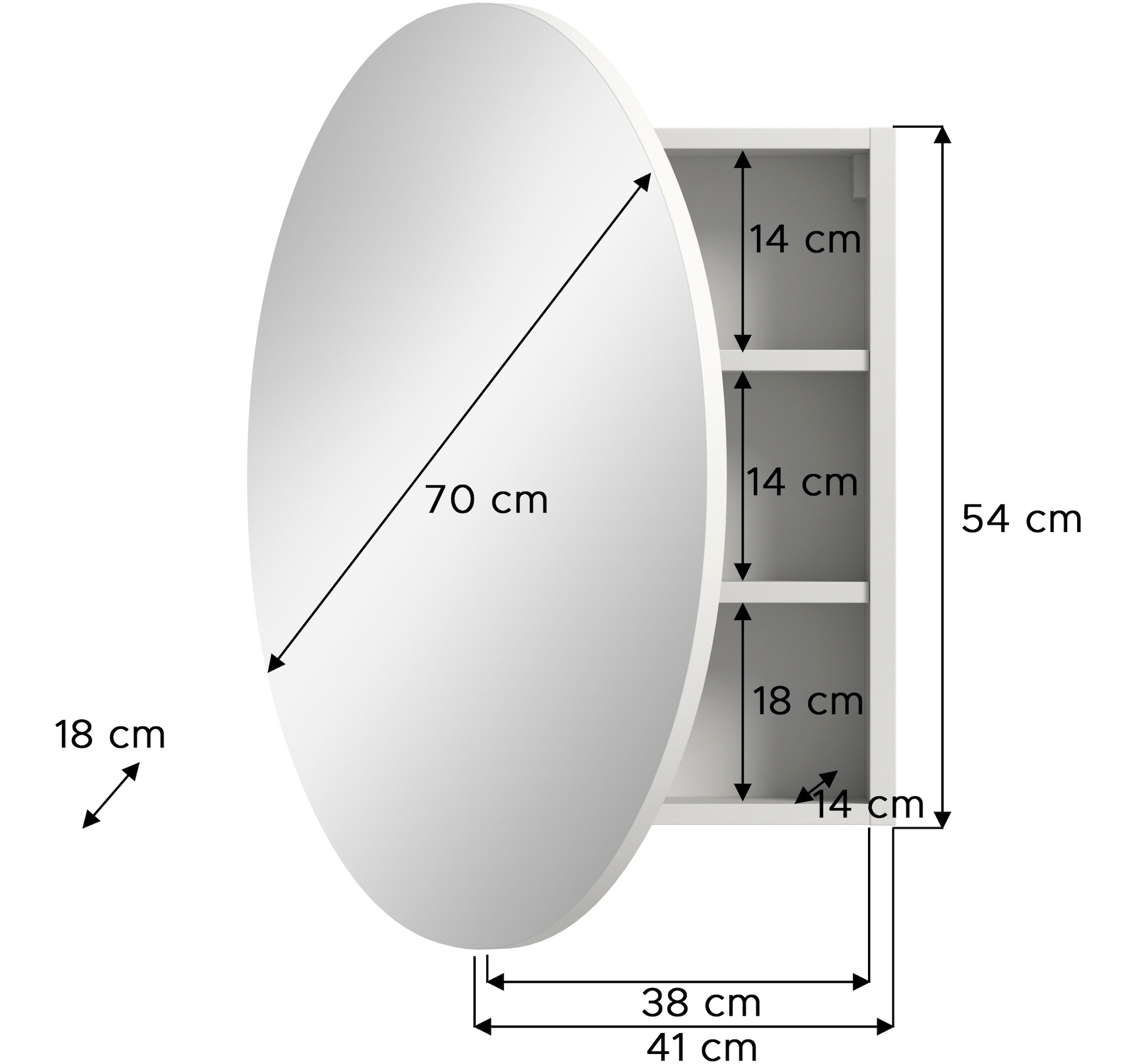 welltime Spiegelschrank »Litica, rund Ø 70cm, 1 Spiegeltür, 2 Einlegeböden« Spiegel, Bad Schrank, Hängeschrank